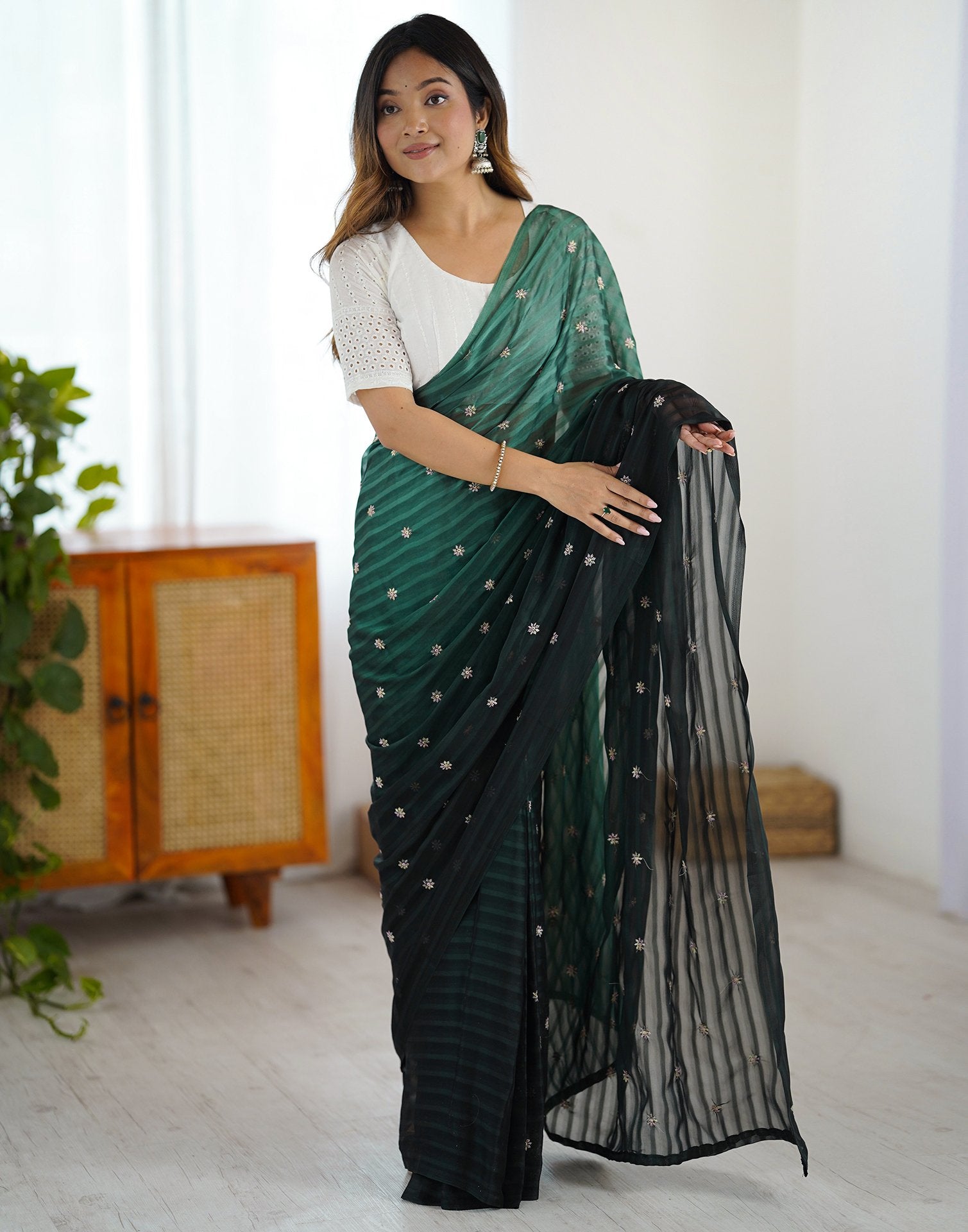 Ready To Wear Bottle Green Silk Embroidery Saree