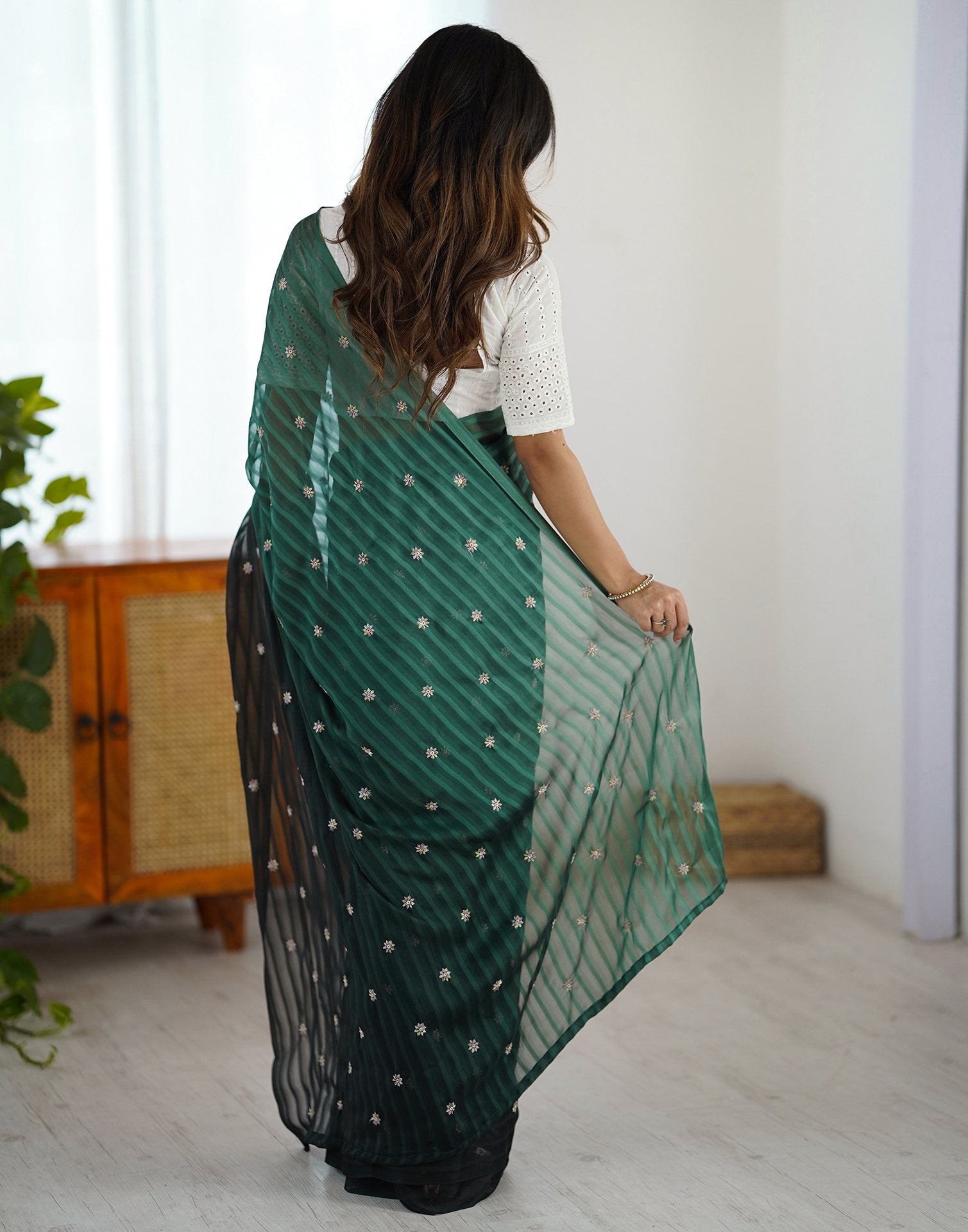 Ready To Wear Bottle Green Silk Embroidery Saree