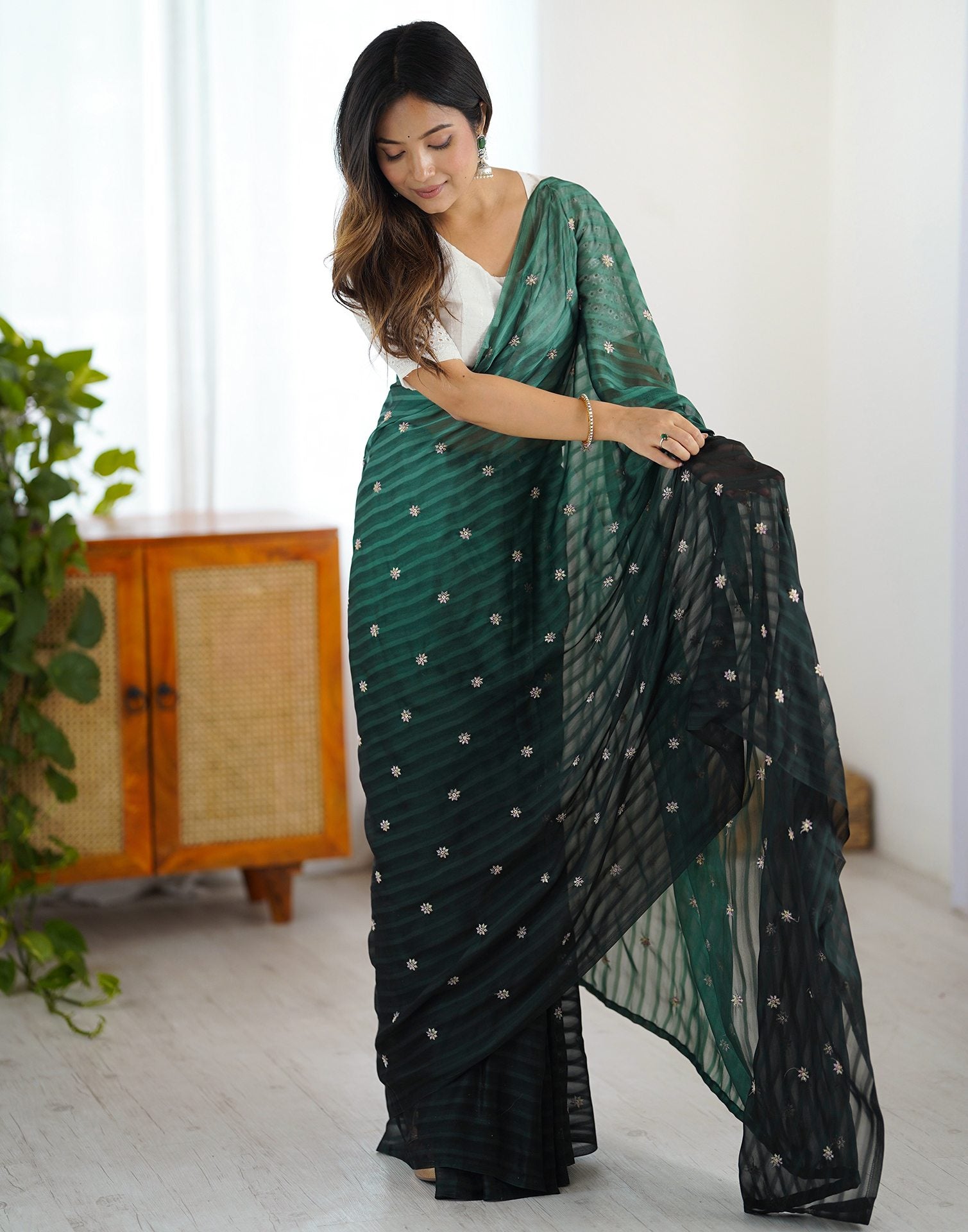 Ready To Wear Bottle Green Silk Embroidery Saree