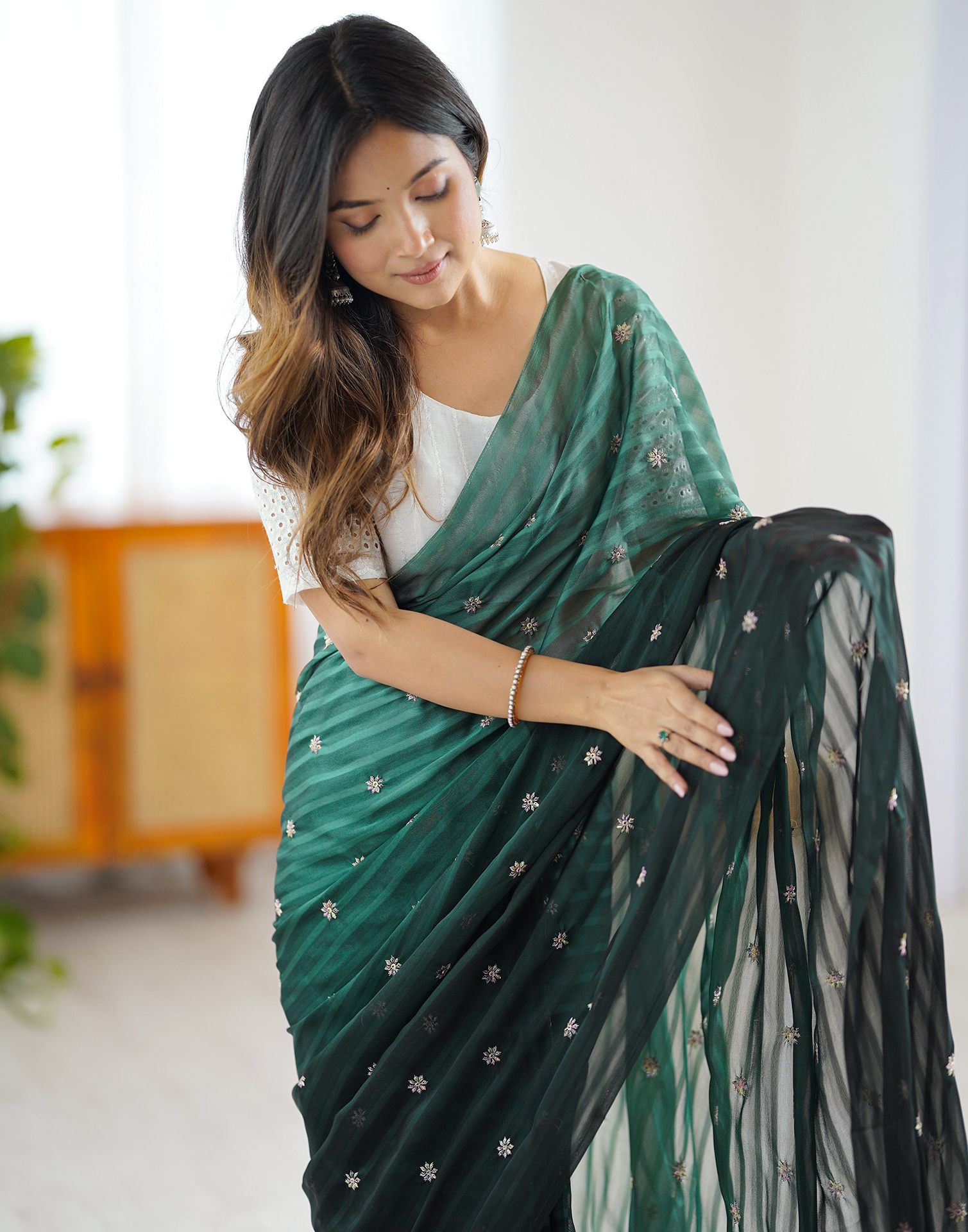 Ready To Wear Bottle Green Silk Embroidery Saree