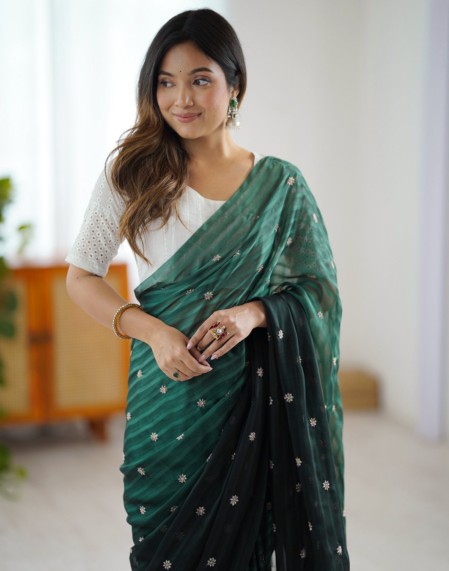 Ready To Wear Bottle Green Silk Embroidery Saree