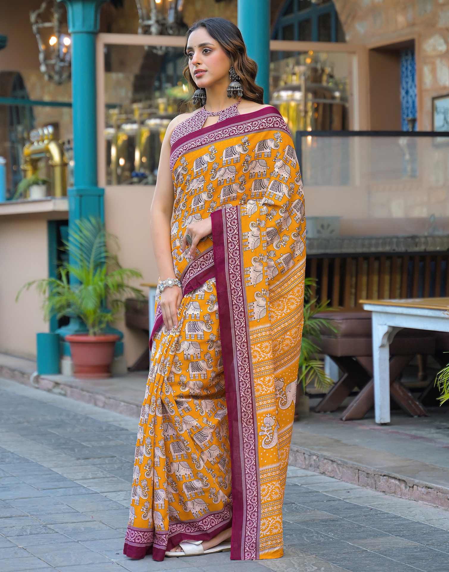 Yellow Cotton Printed Saree