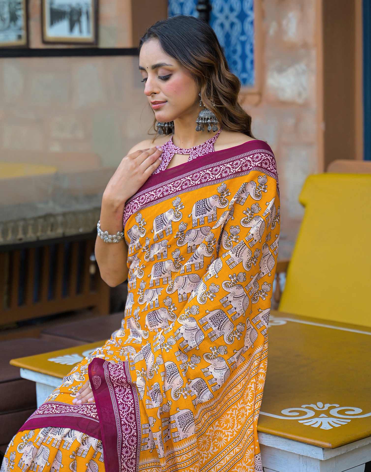 Yellow Cotton Printed Saree