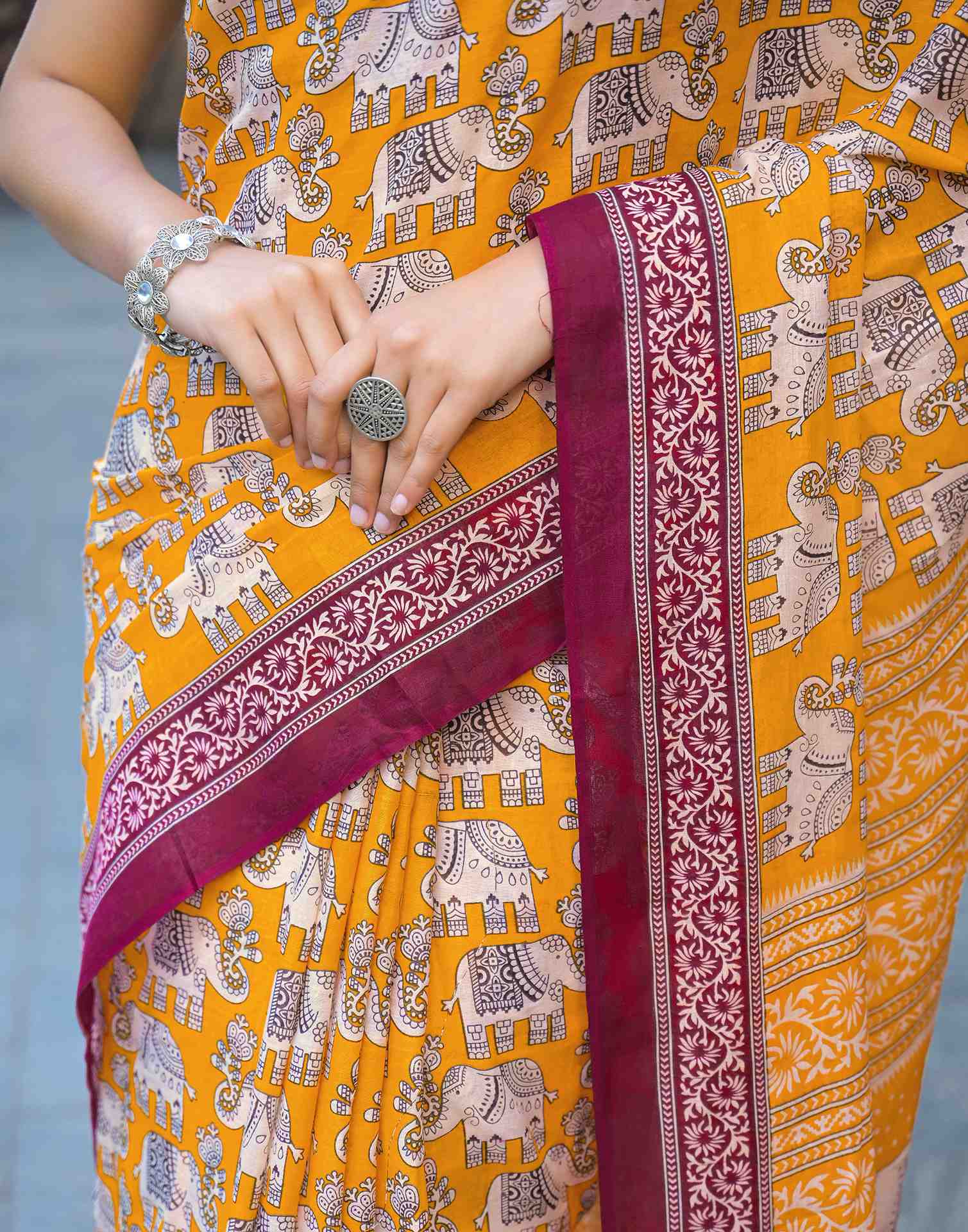 Yellow Cotton Printed Saree