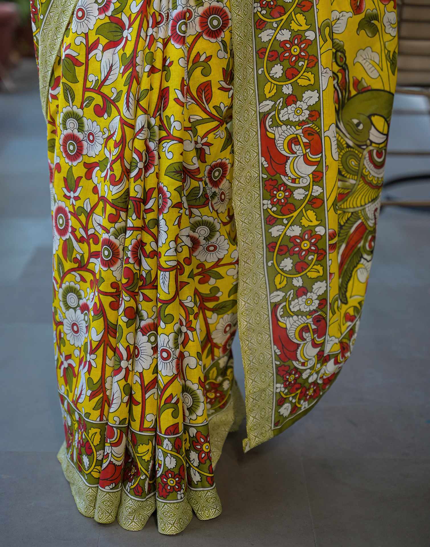 Yellow Cotton Floral Printed Saree