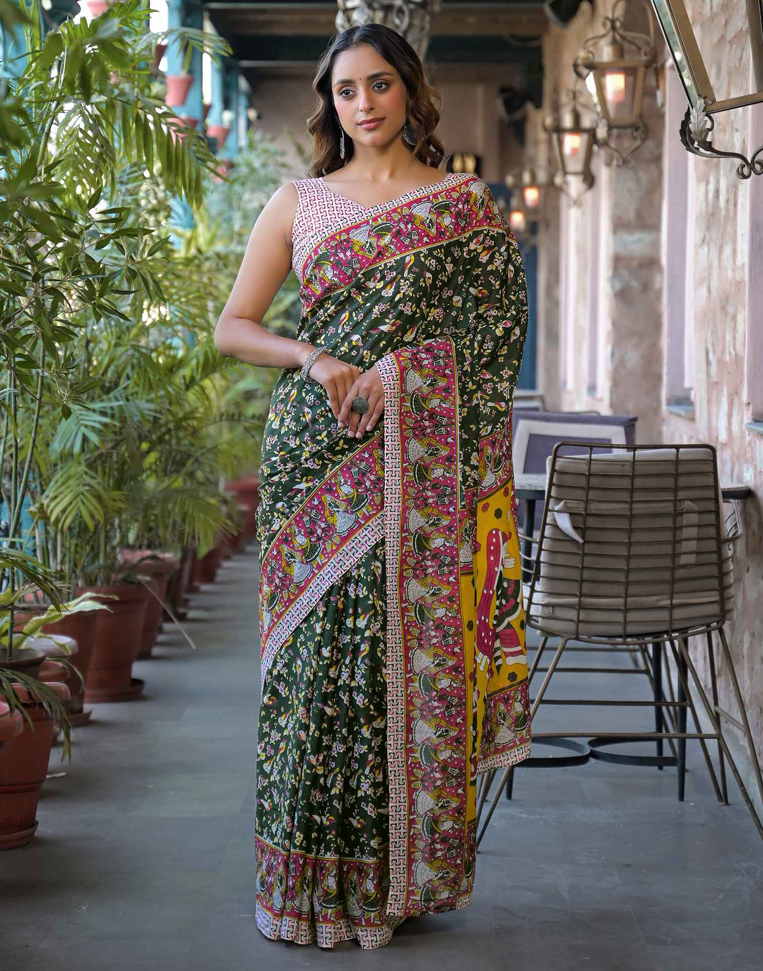 Dark Green Cotton Printed Saree