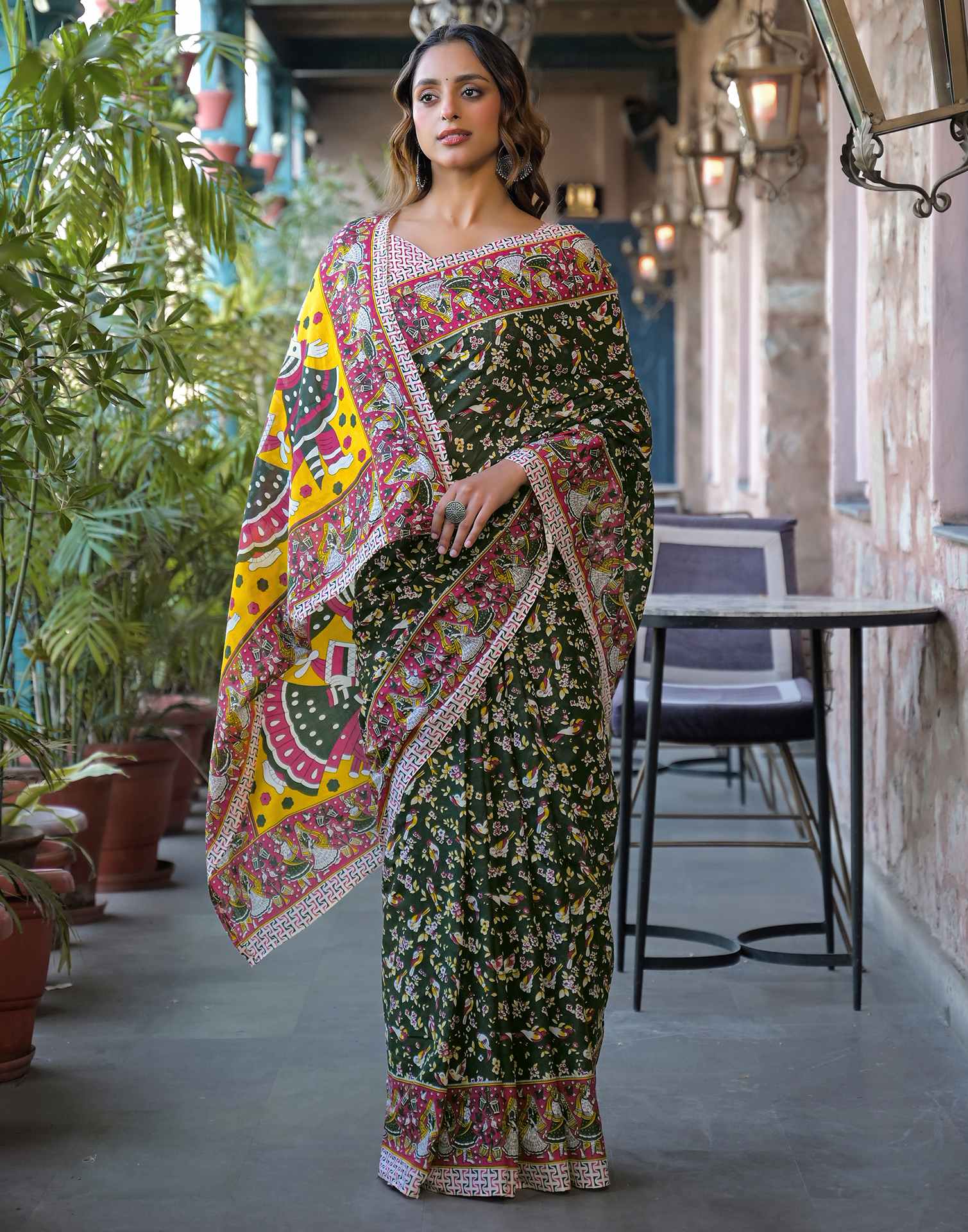 Dark Green Cotton Printed Saree