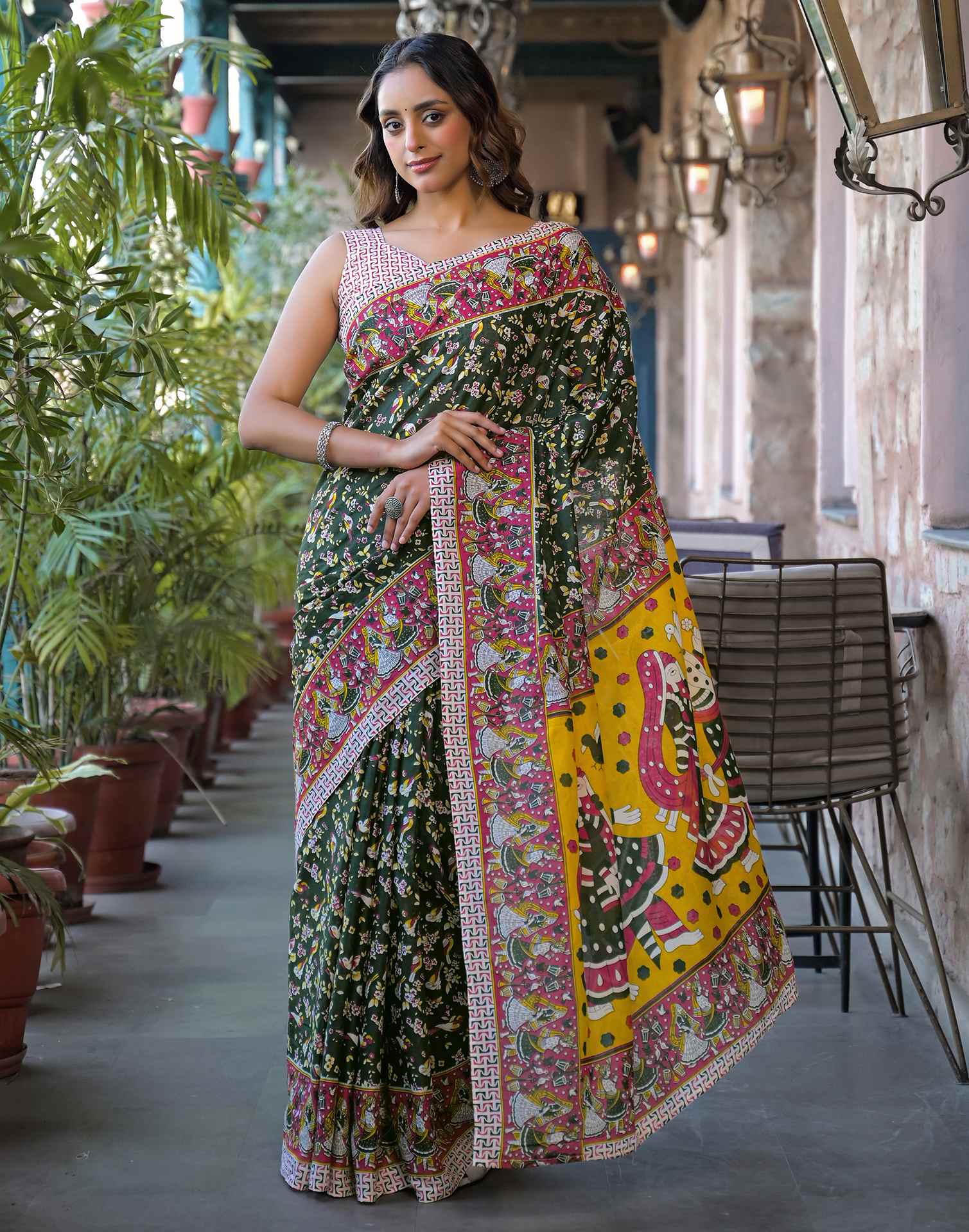Dark Green Cotton Printed Saree