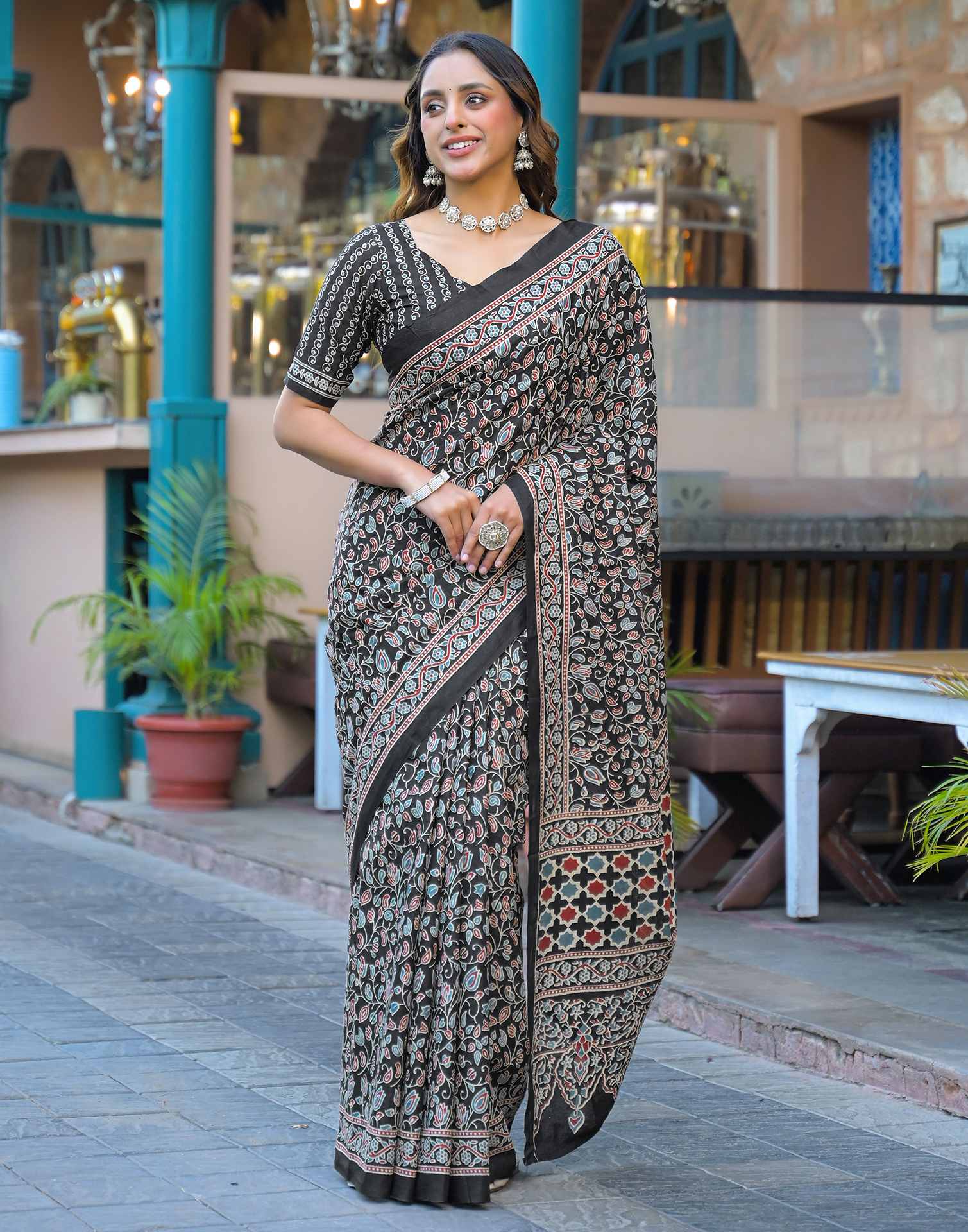 Black Cotton Printed Saree