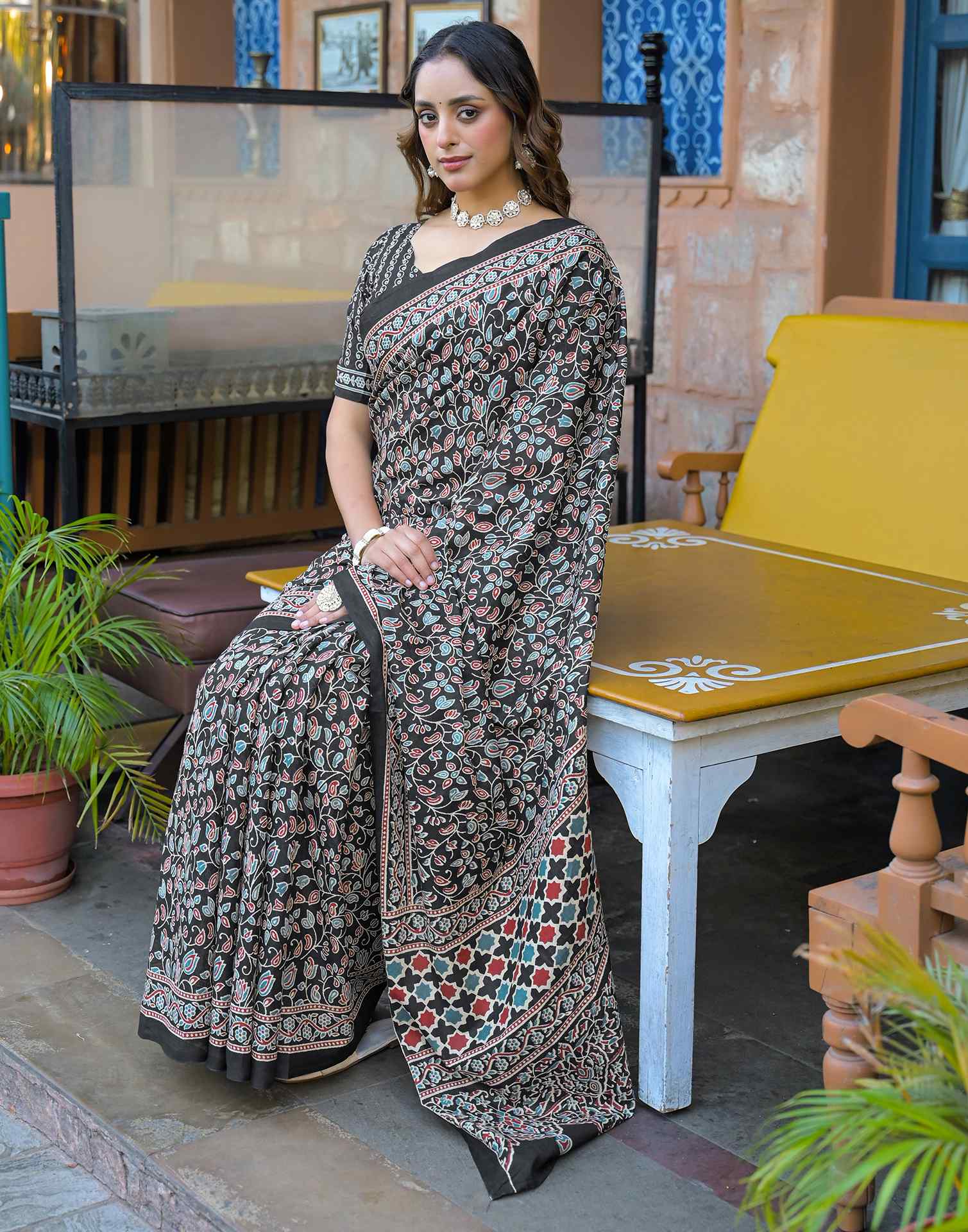 Black Cotton Printed Saree