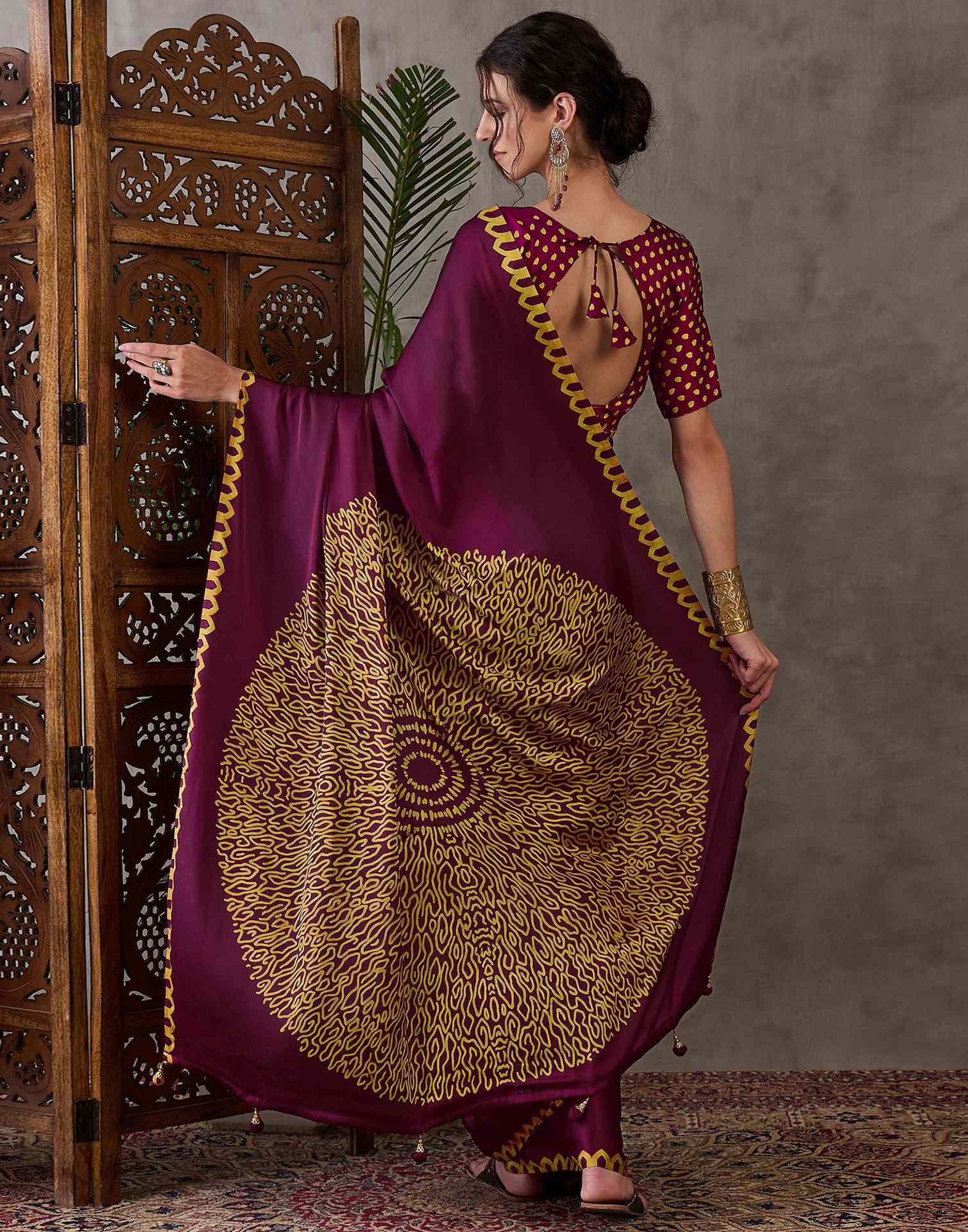 Dark Purple Satin Printed Saree