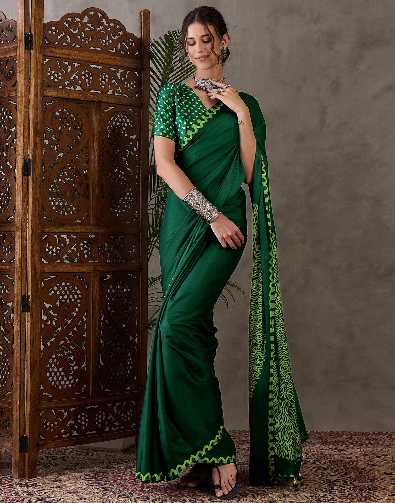 Bottle Green Satin Printed Saree