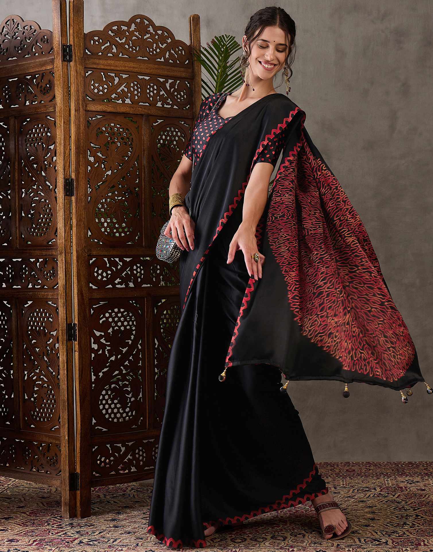 Black Satin Printed Saree