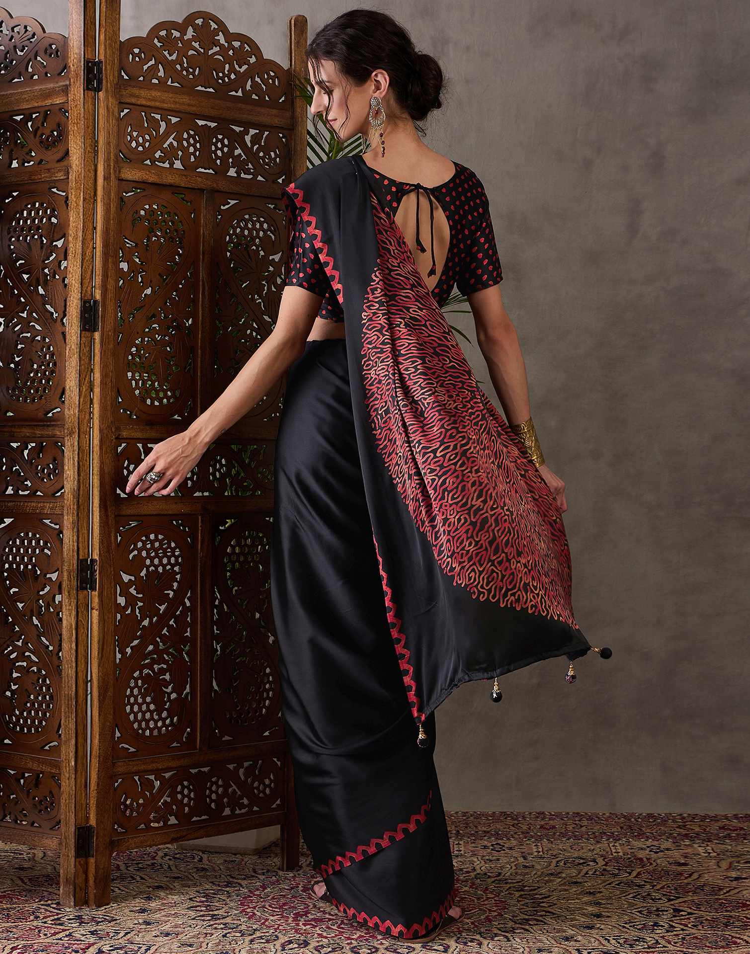Black Satin Printed Saree