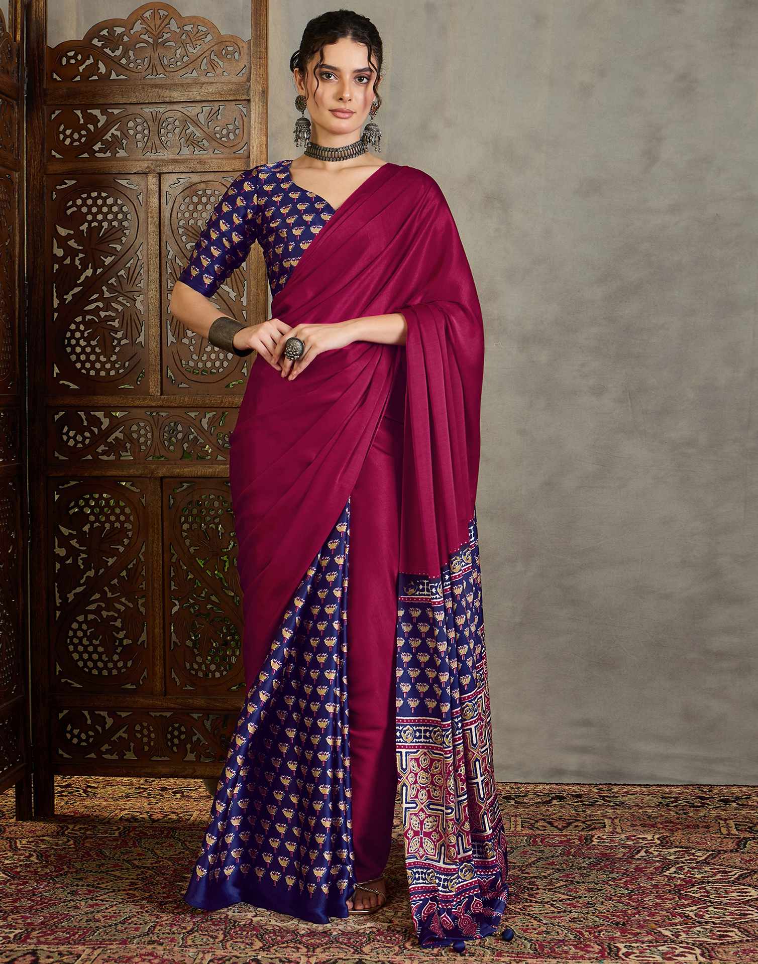 Magenta Satin Printed Saree
