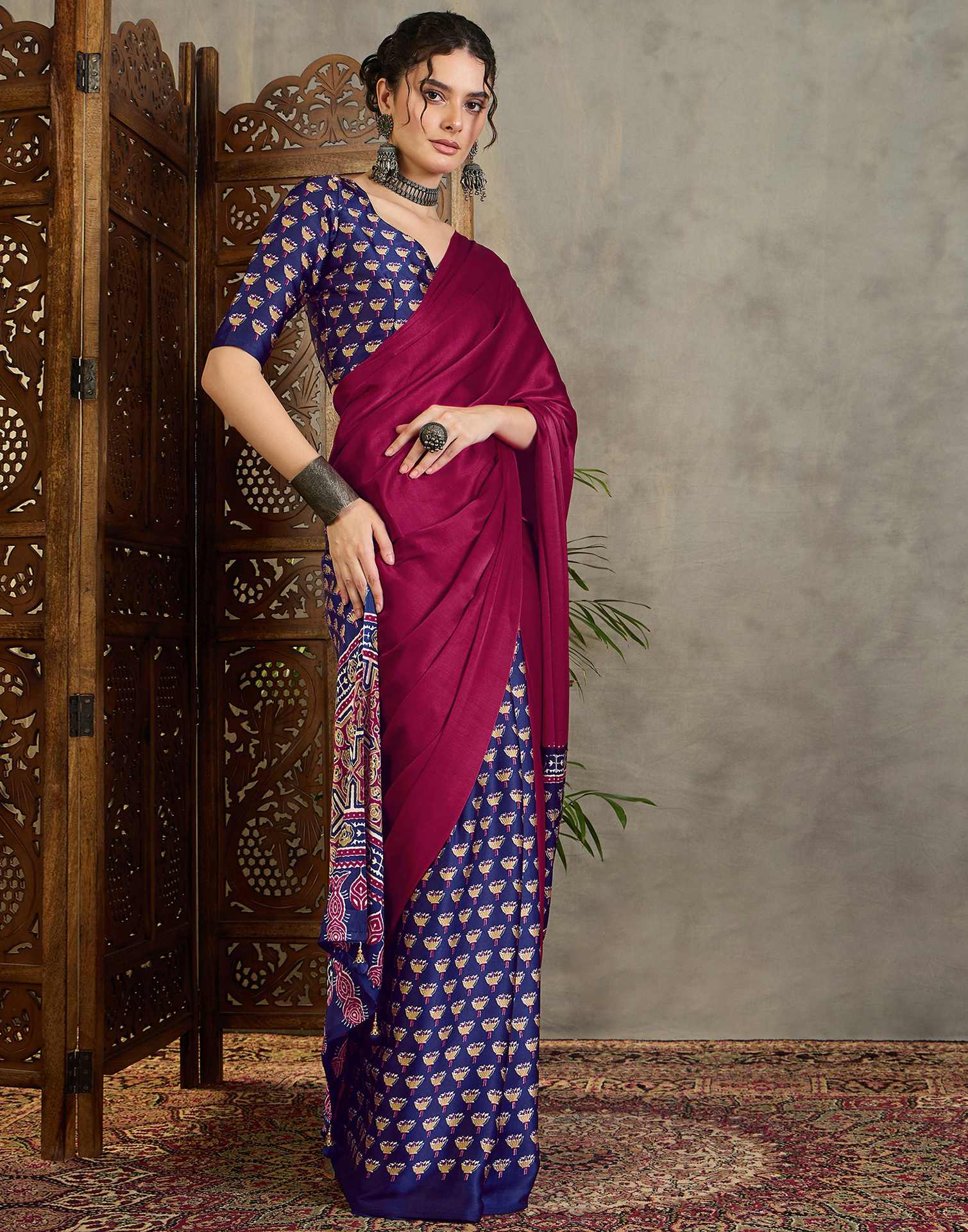 Magenta Satin Printed Saree