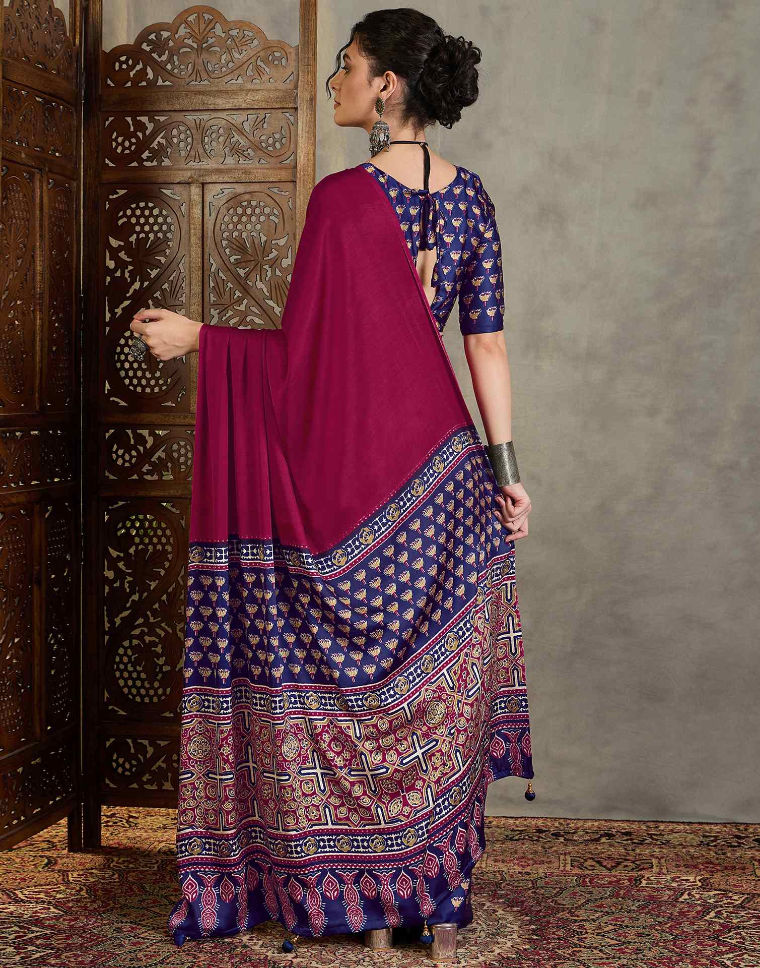 Magenta Satin Printed Saree