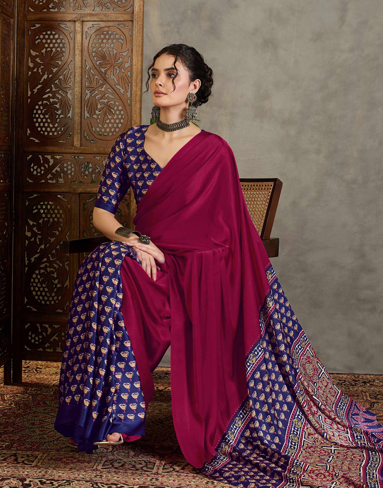 Magenta Satin Printed Saree