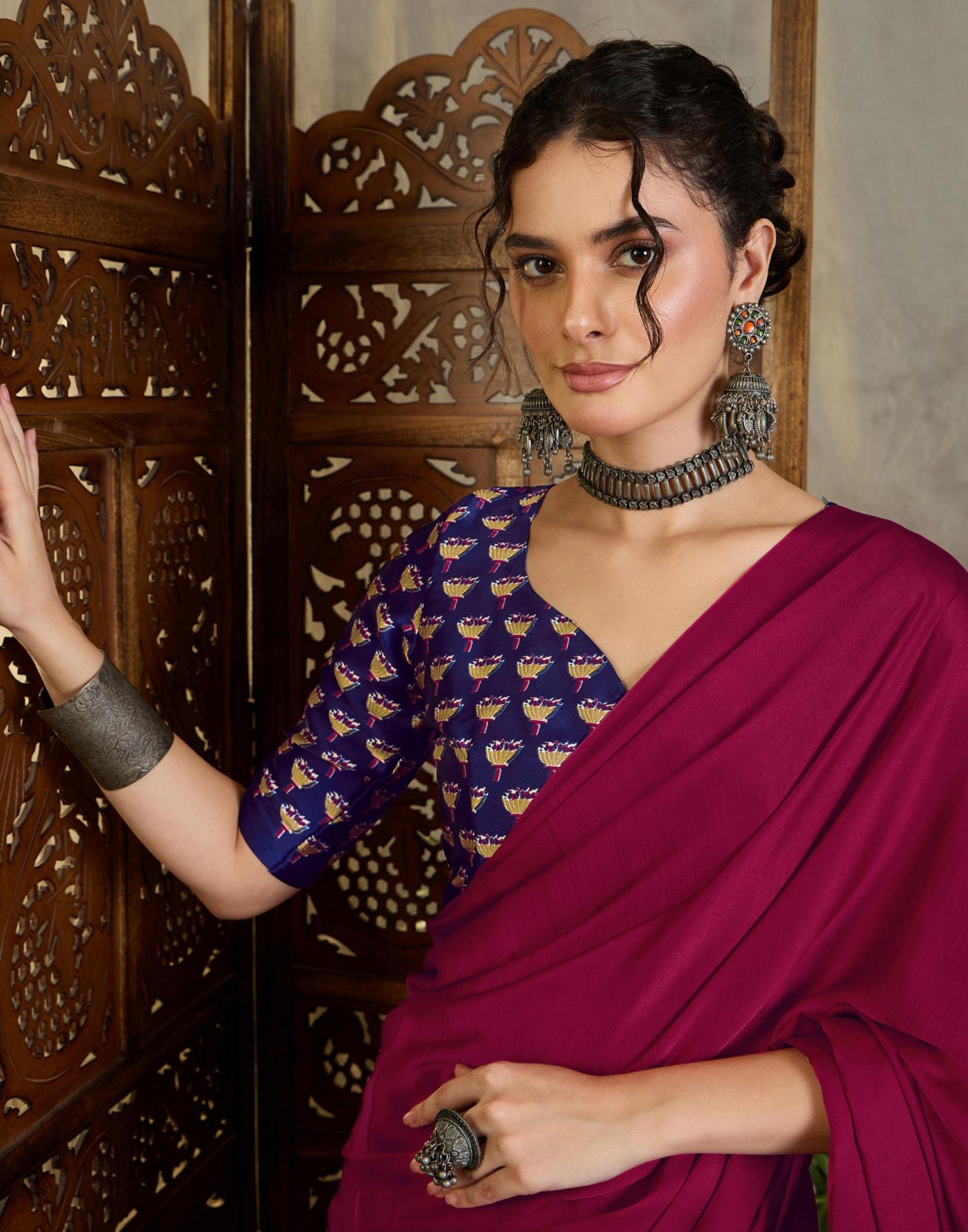 Magenta Satin Printed Saree