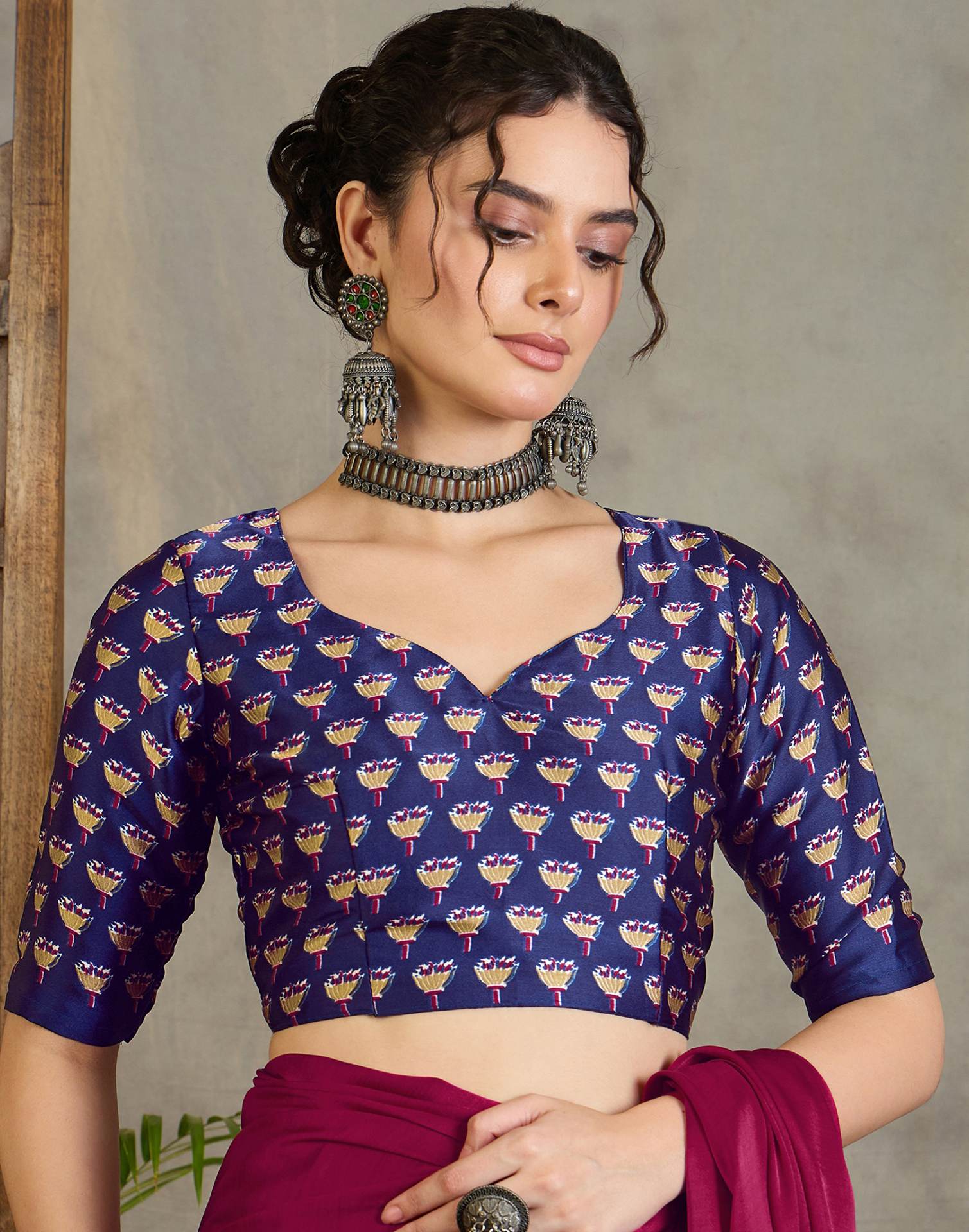 Magenta Satin Printed Saree