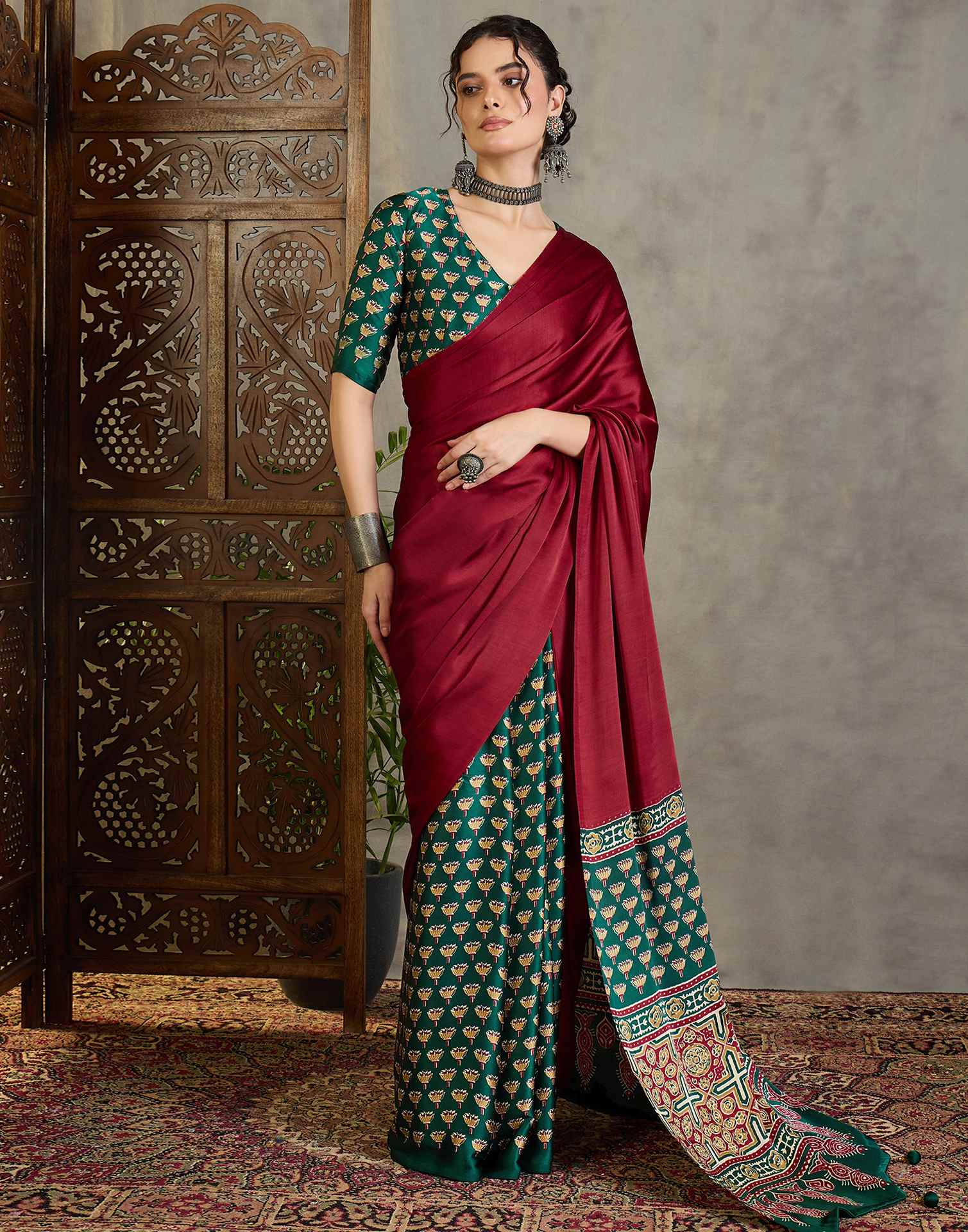 Maroon Satin Printed Saree
