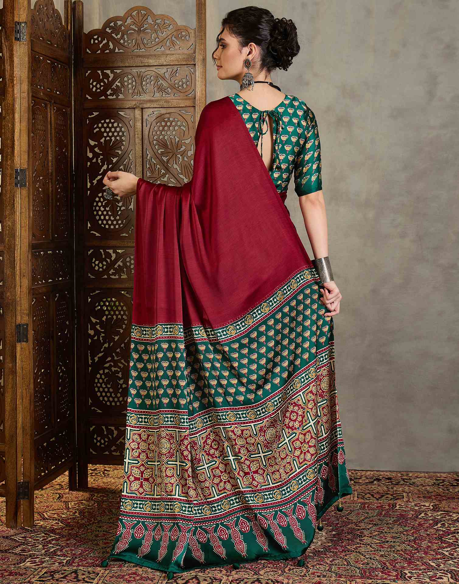 Maroon Satin Printed Saree