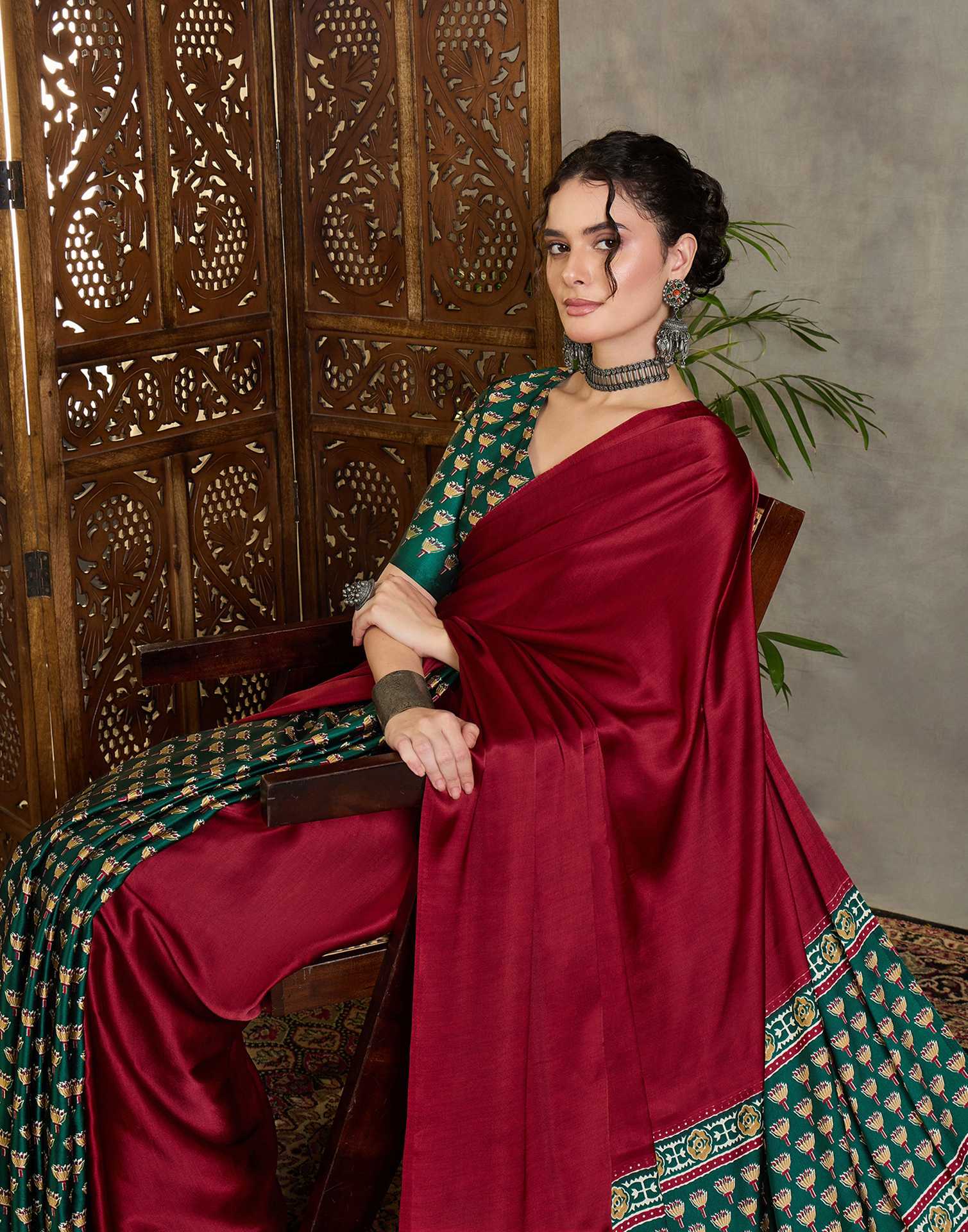 Maroon Satin Printed Saree