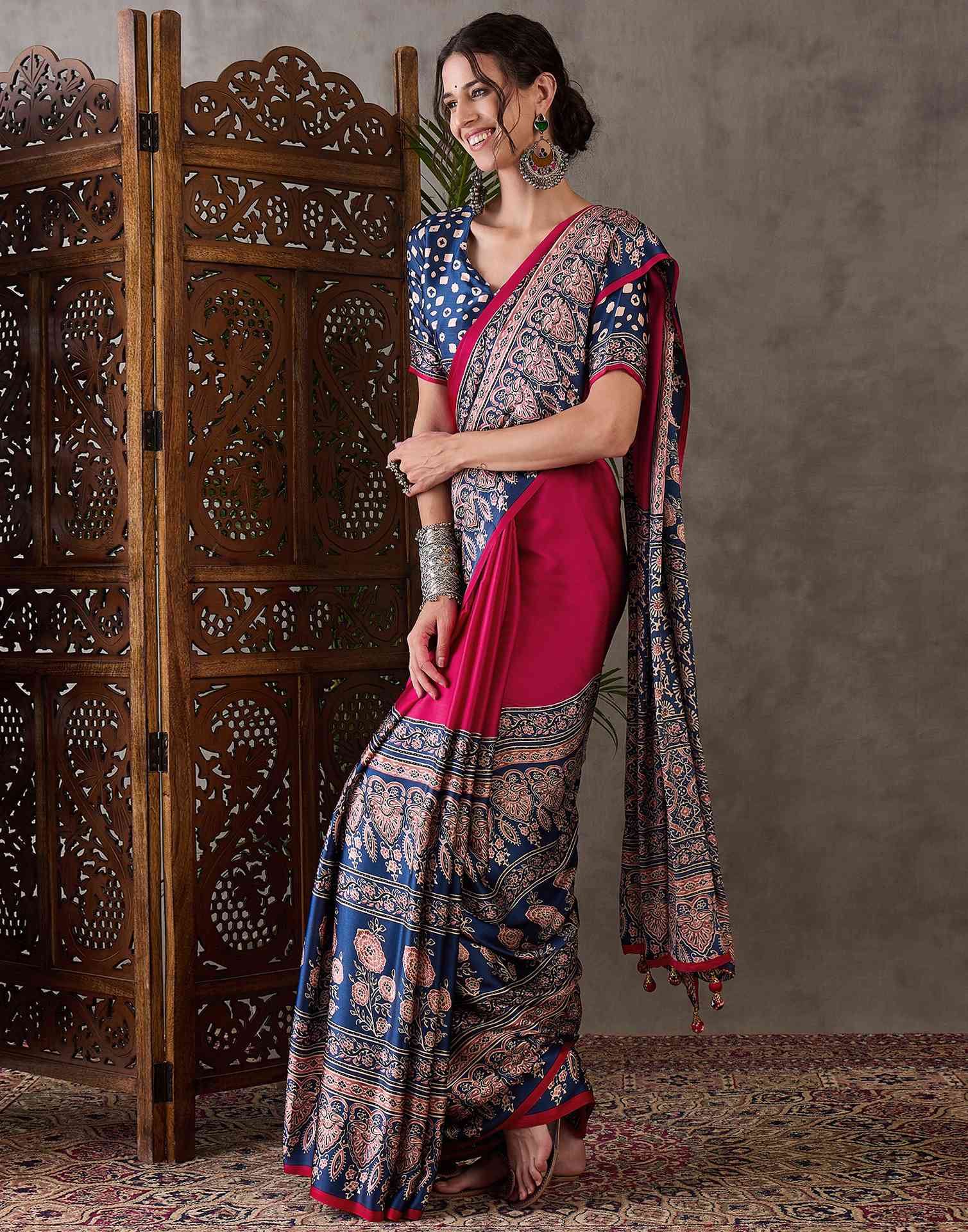 Rani Pink Satin Printed Saree