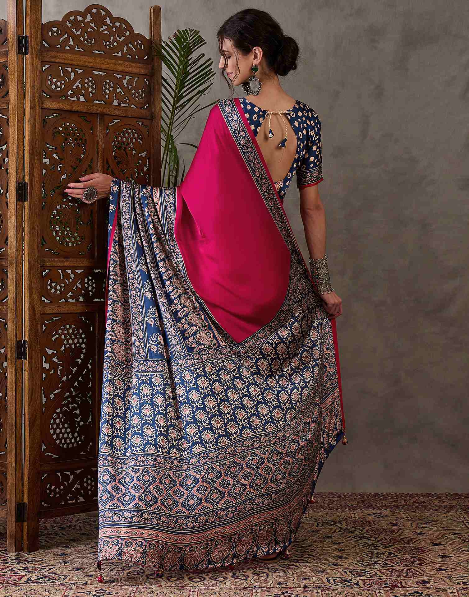Rani Pink Satin Printed Saree