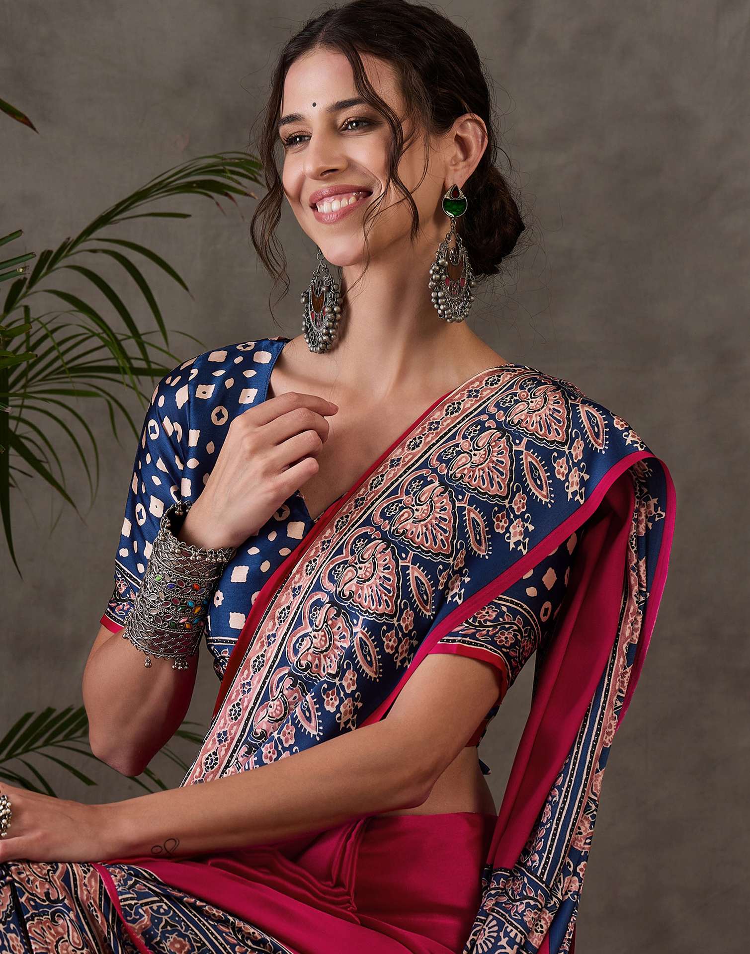 Rani Pink Satin Printed Saree