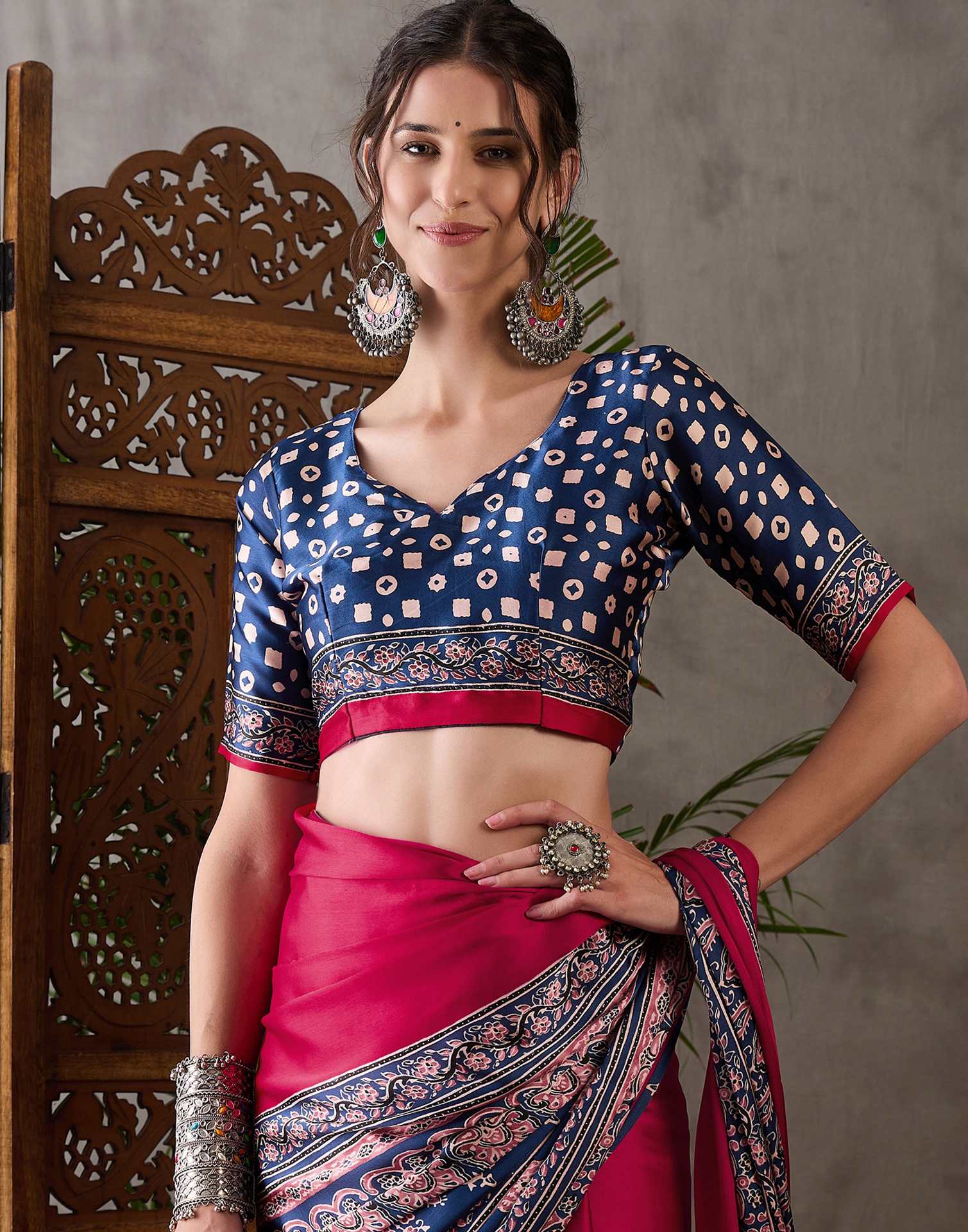 Rani Pink Satin Printed Saree