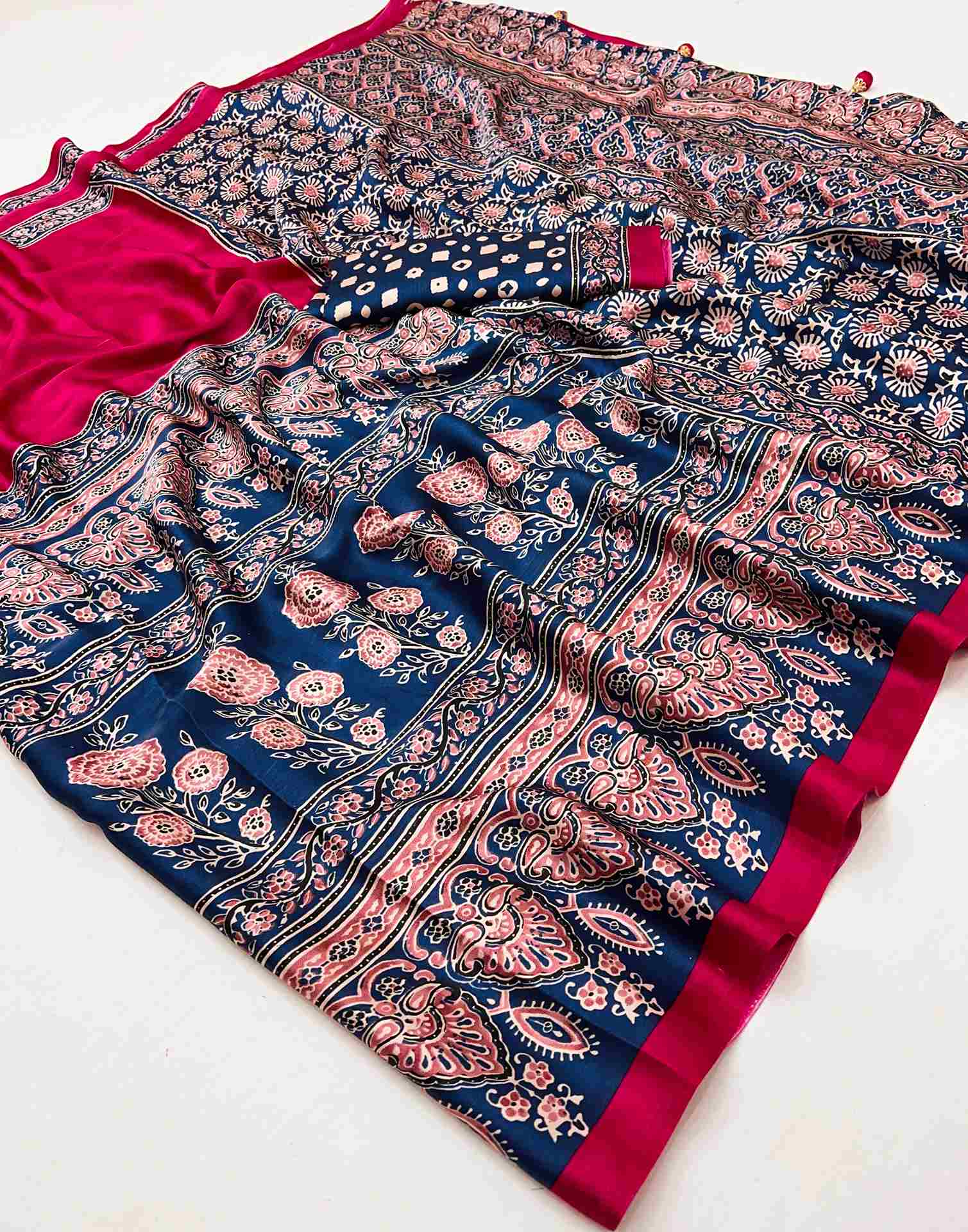 Rani Pink Satin Printed Saree