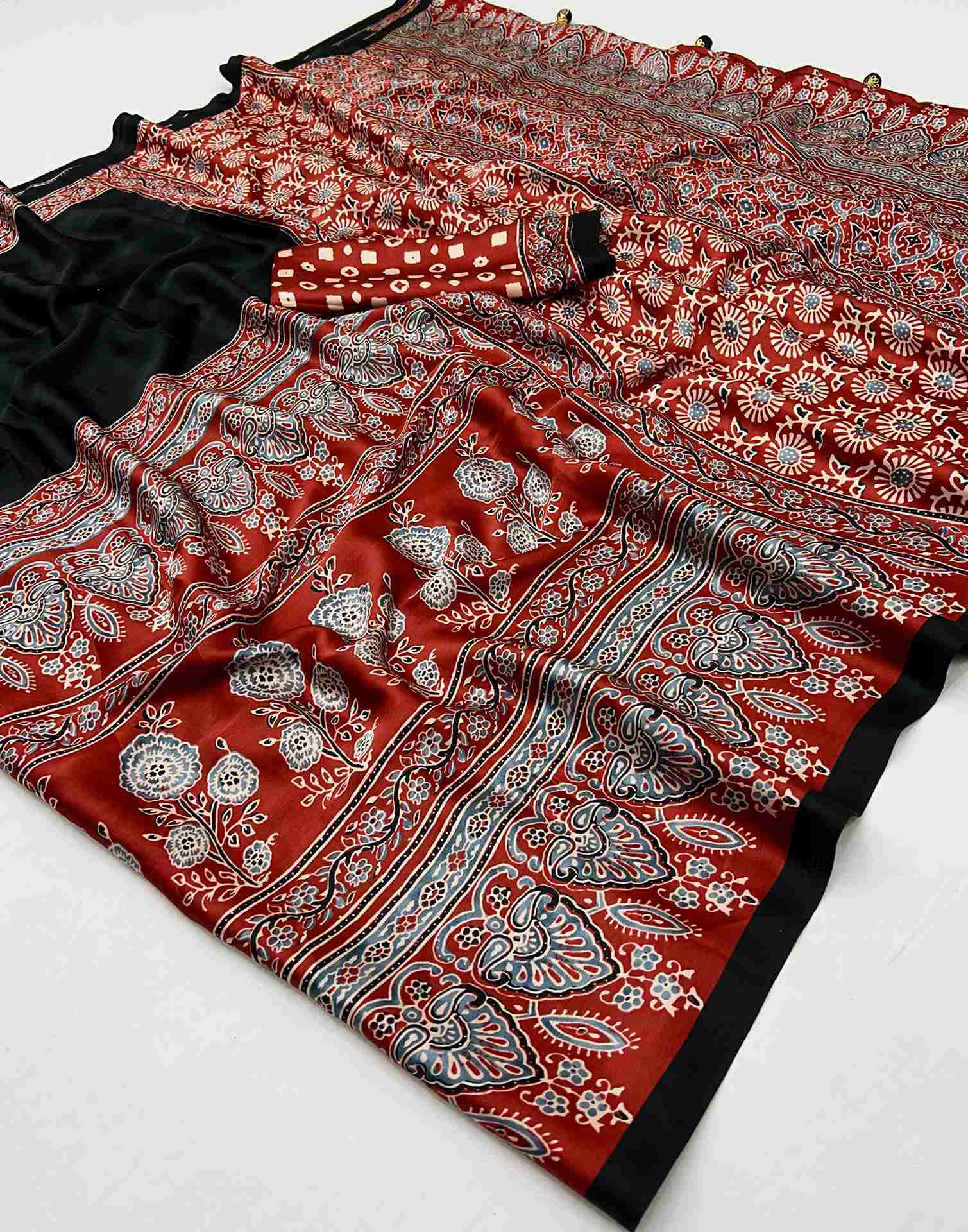 Black Satin Printed Saree