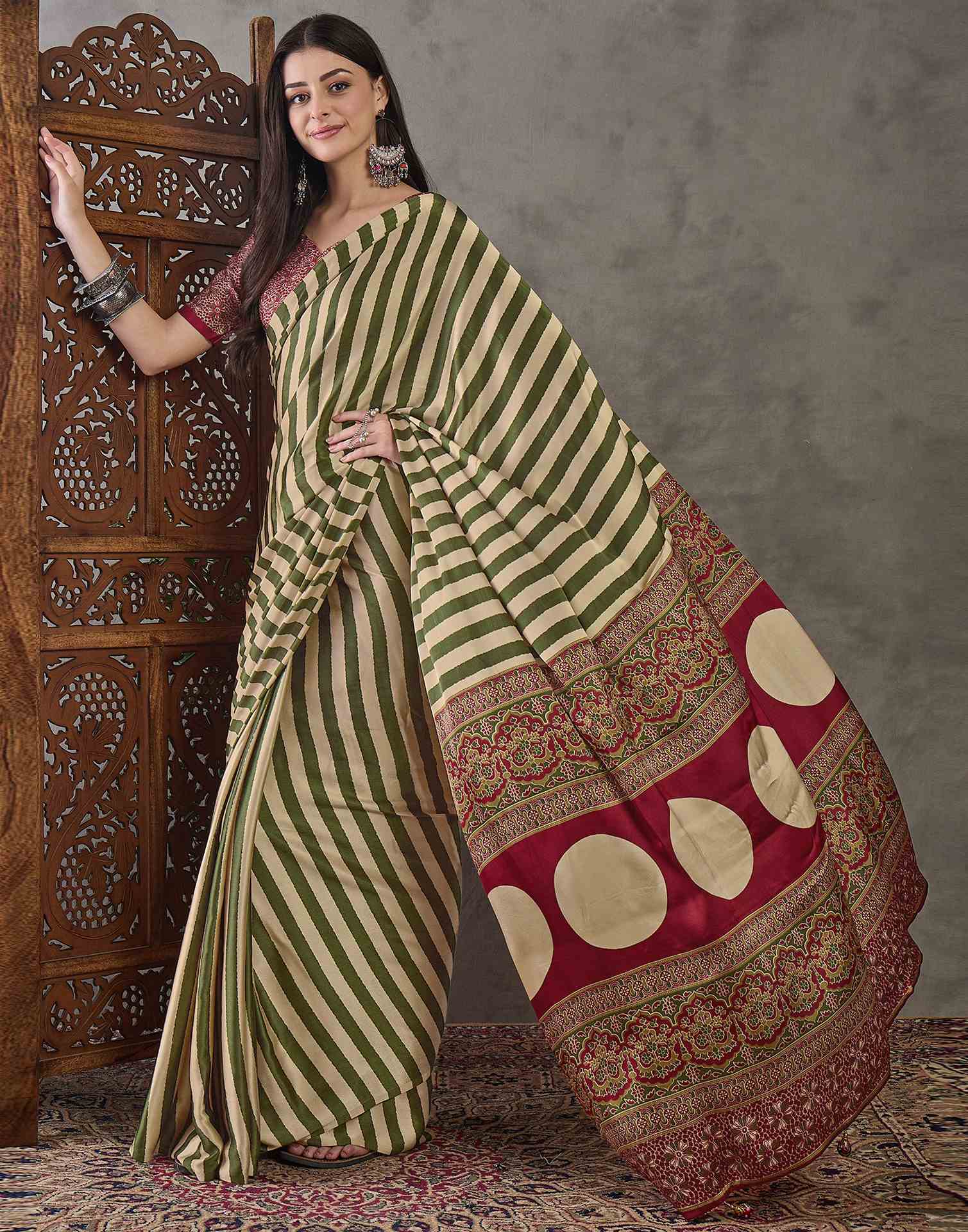 Olive Green Satin Printed Saree