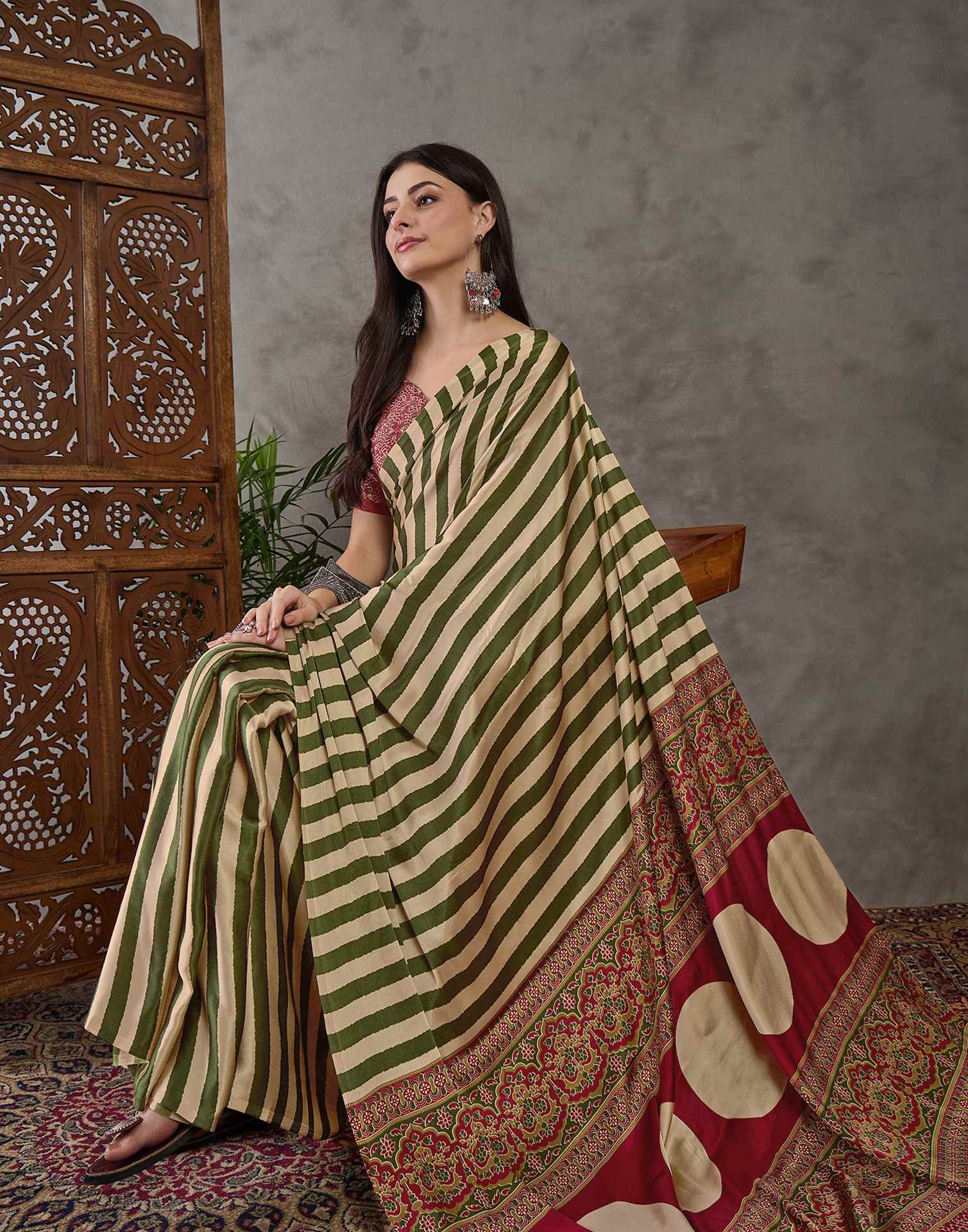 Olive Green Satin Printed Saree