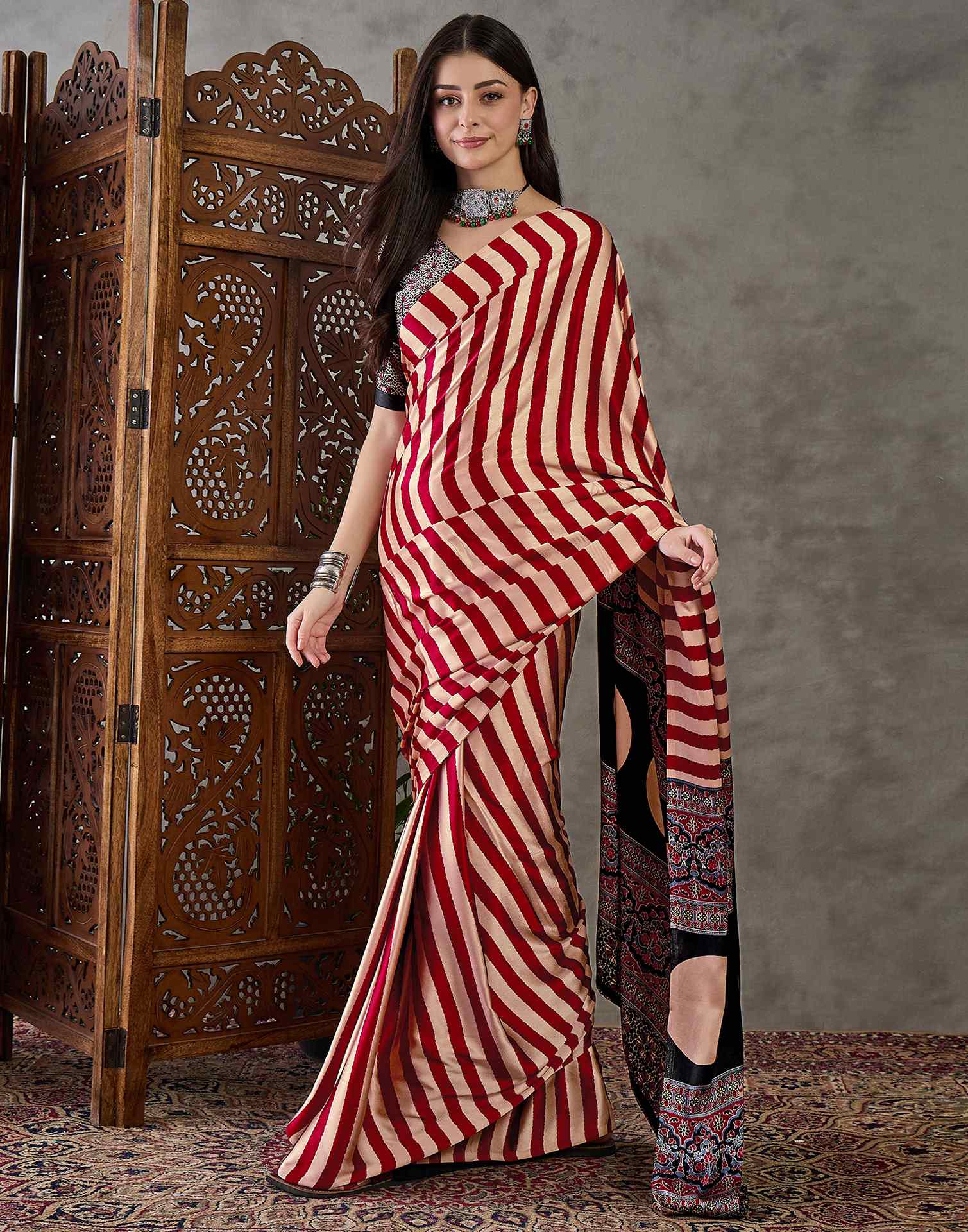 Maroon Satin Printed Saree