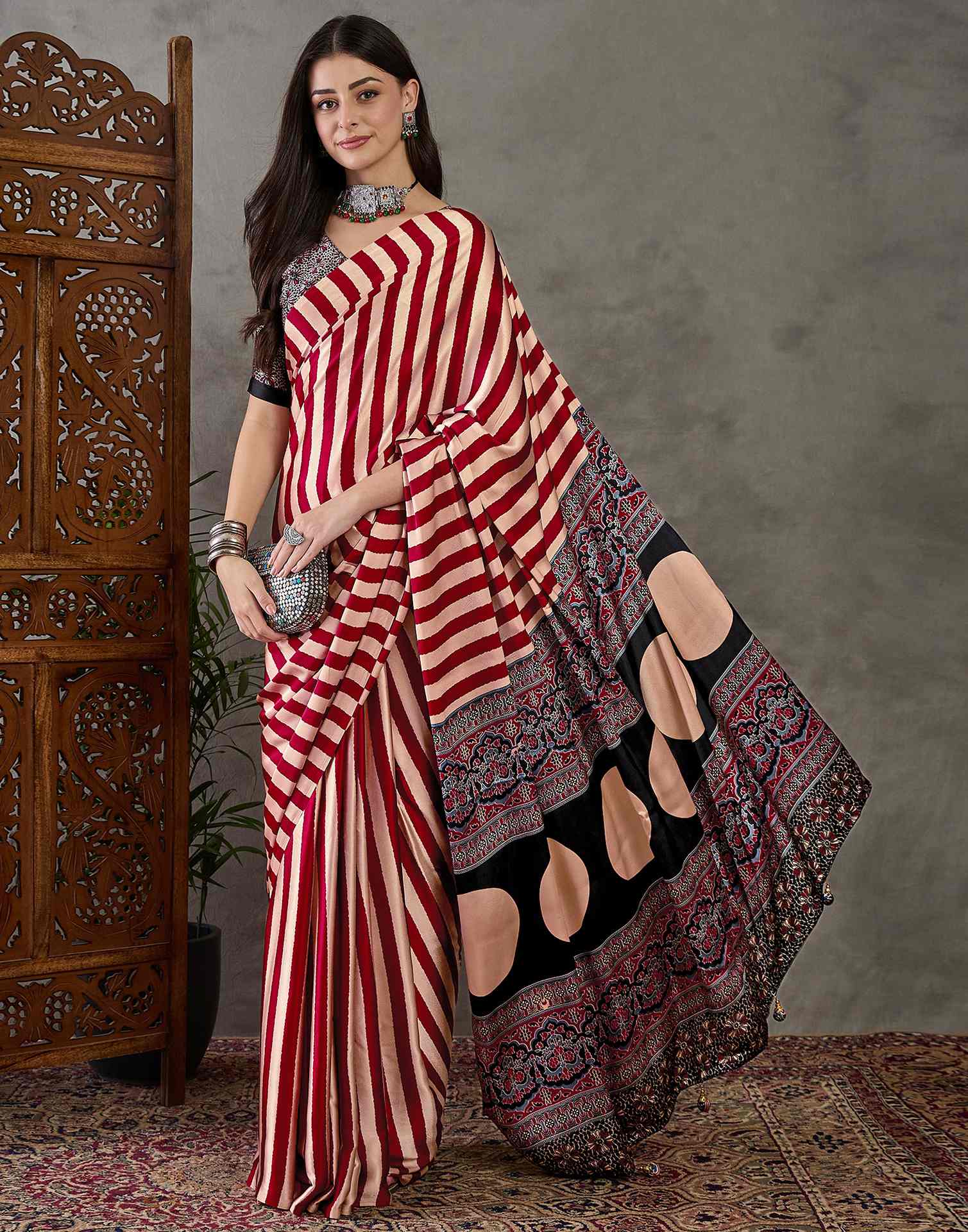 Maroon Satin Printed Saree
