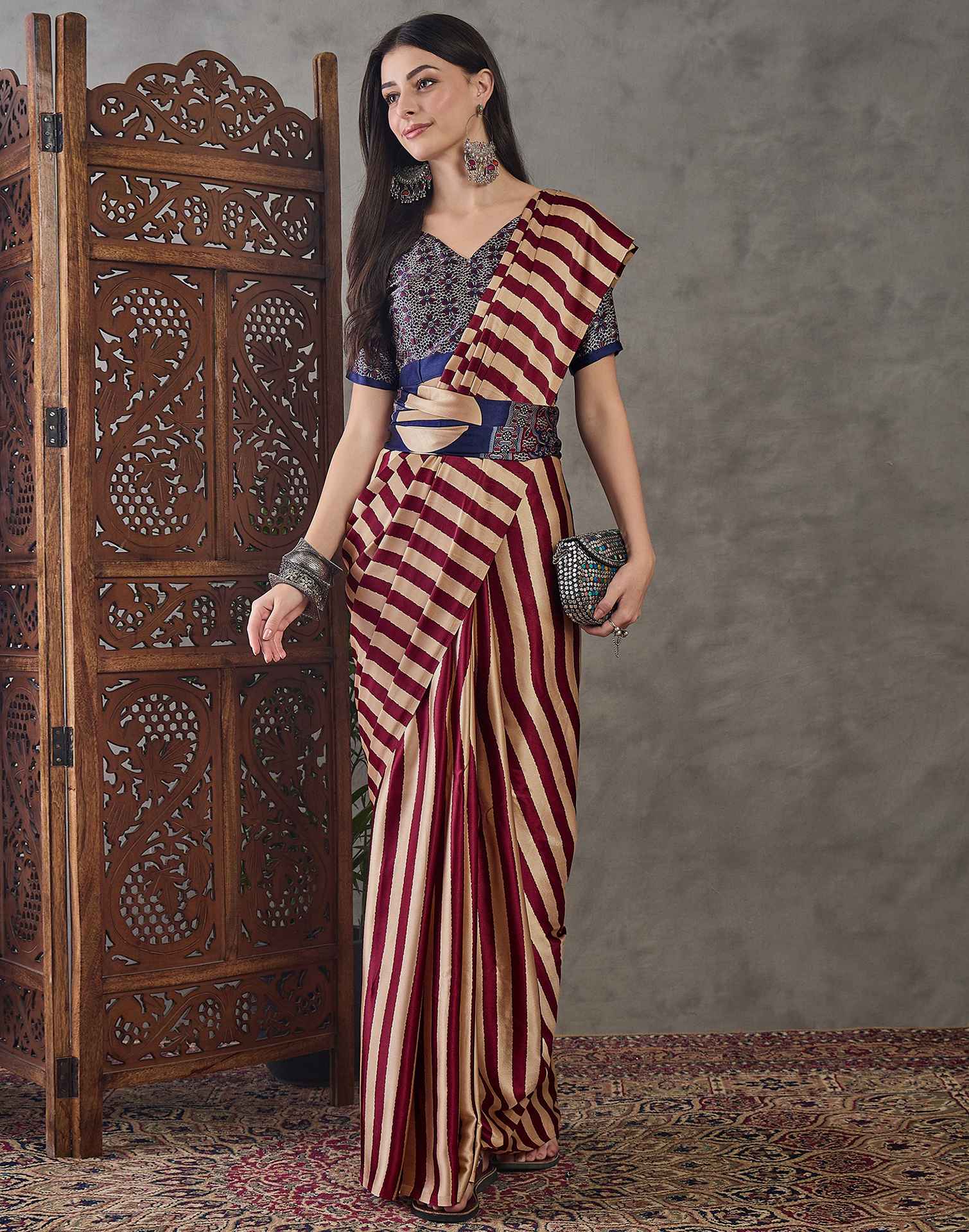 Wine Satin Printed Saree