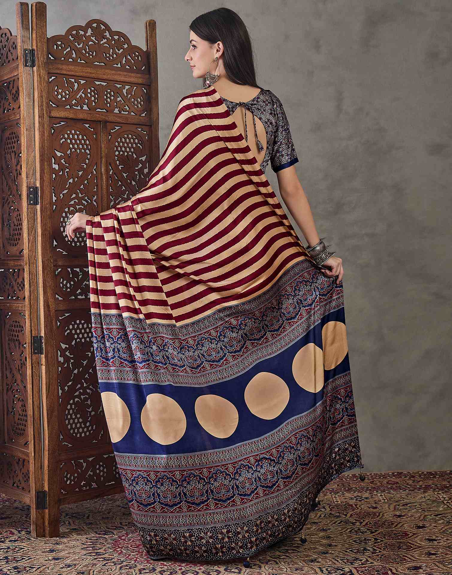 Wine Satin Printed Saree