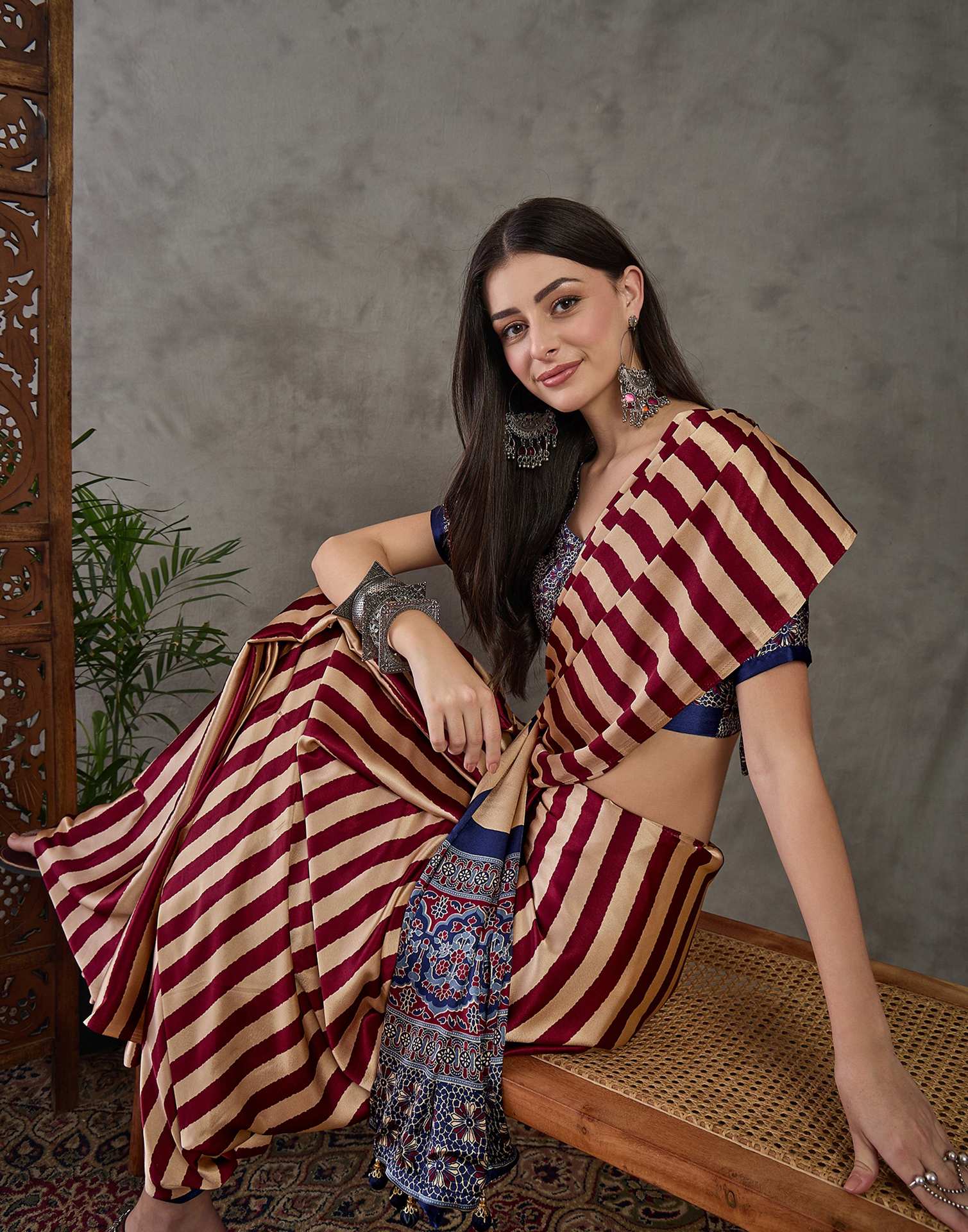Wine Satin Printed Saree