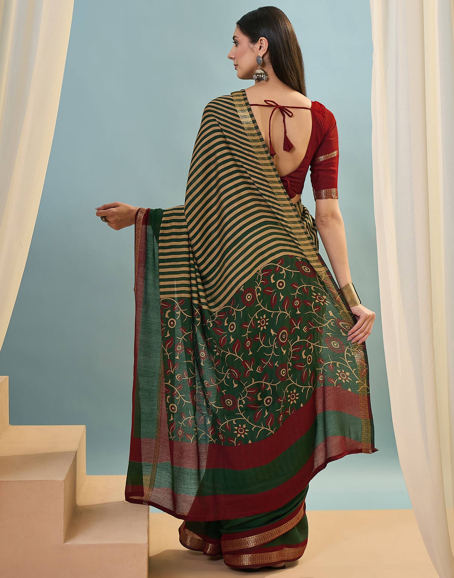 Green Cotton Printed Saree