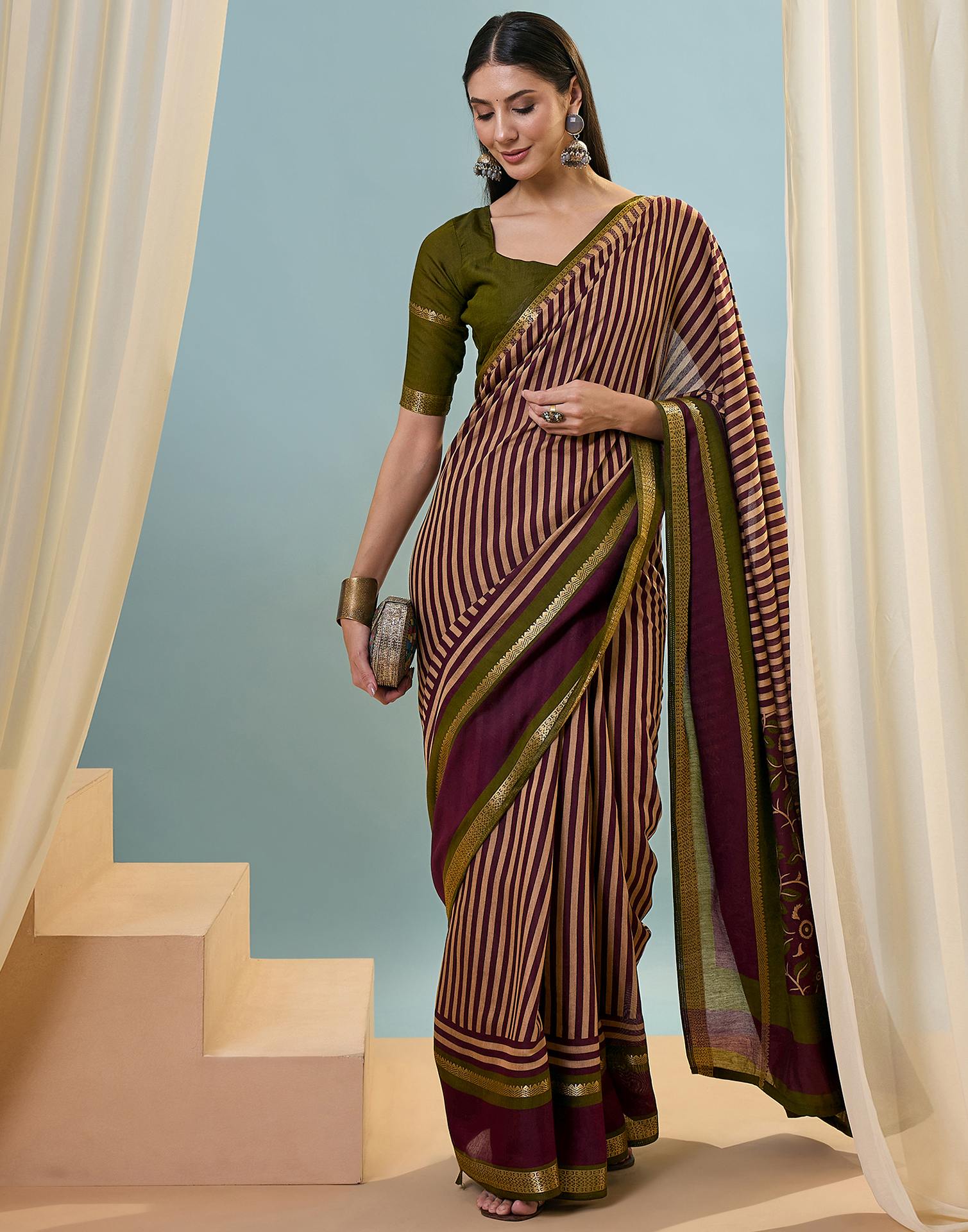 Wine Cotton Printed Saree