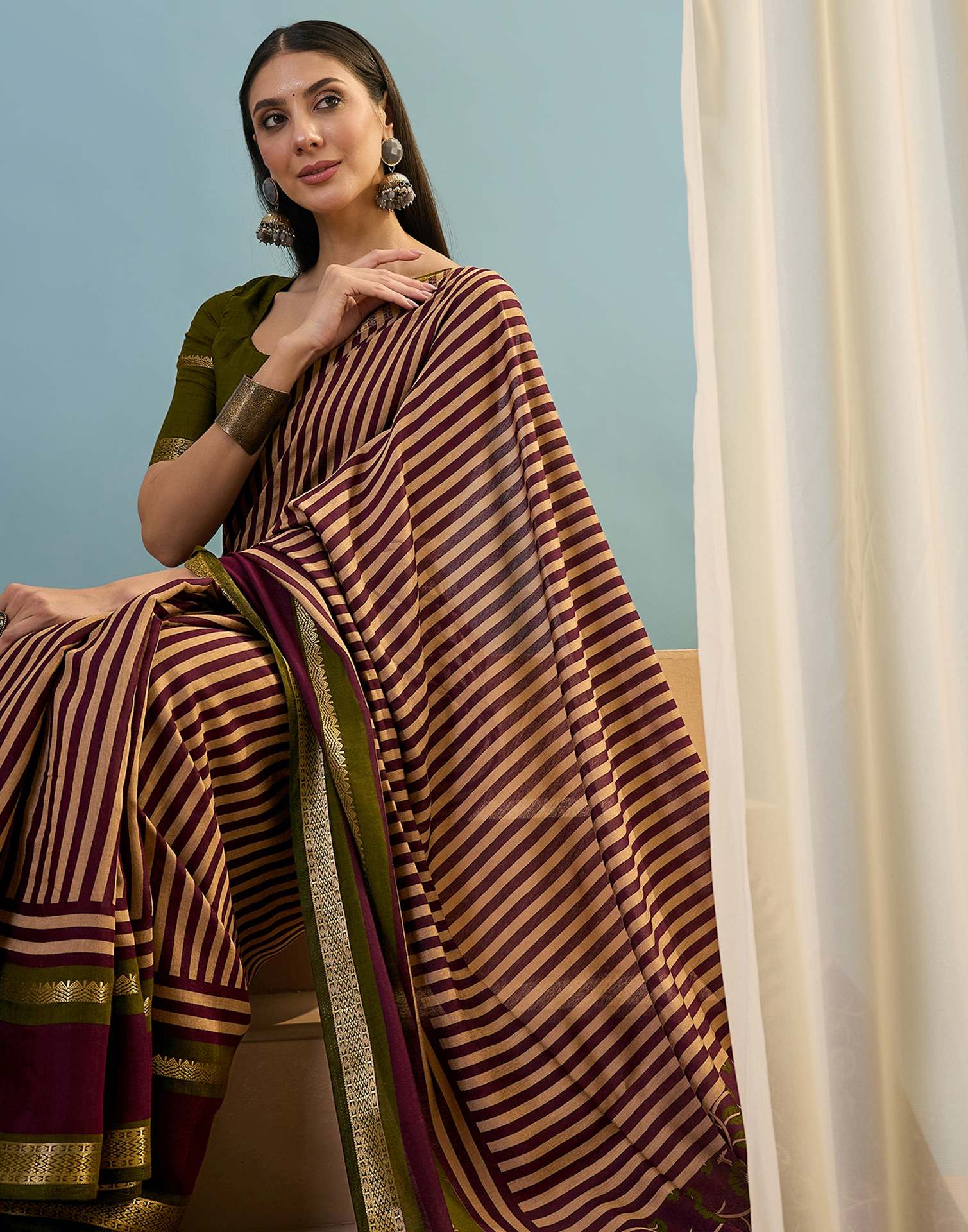 Wine Cotton Printed Saree