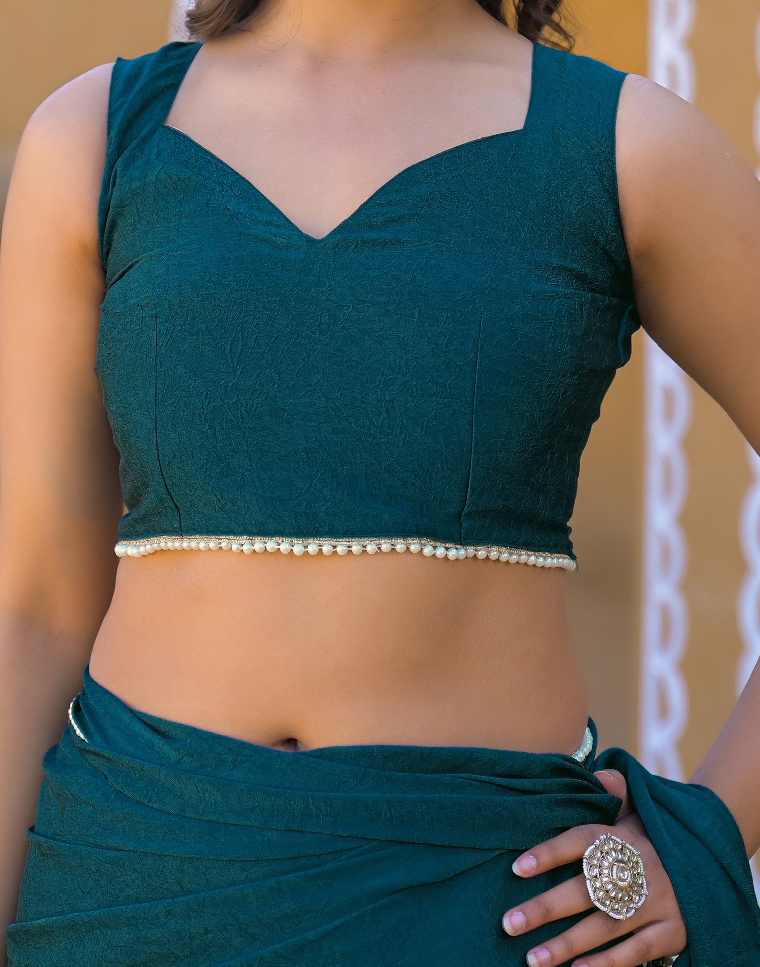 Teal Blue Crush Silk Pearl Lace Saree