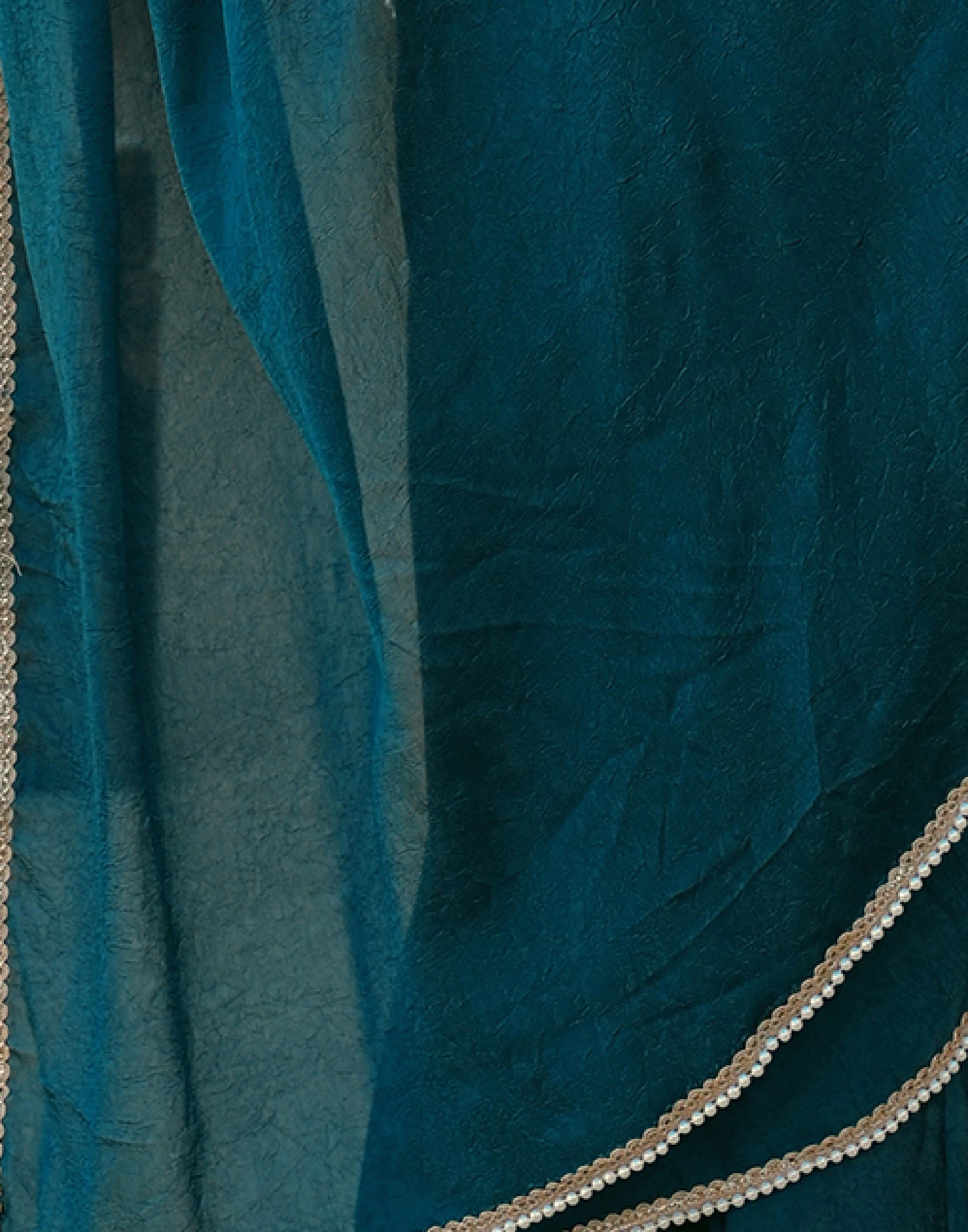 Teal Blue Crush Silk Pearl Lace Saree