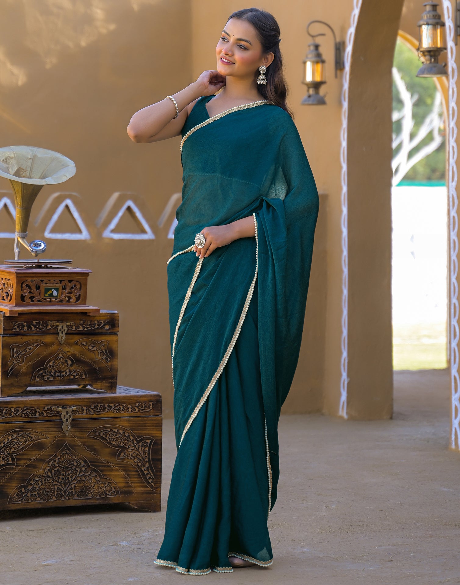 Teal Blue Crush Silk Pearl Lace Saree