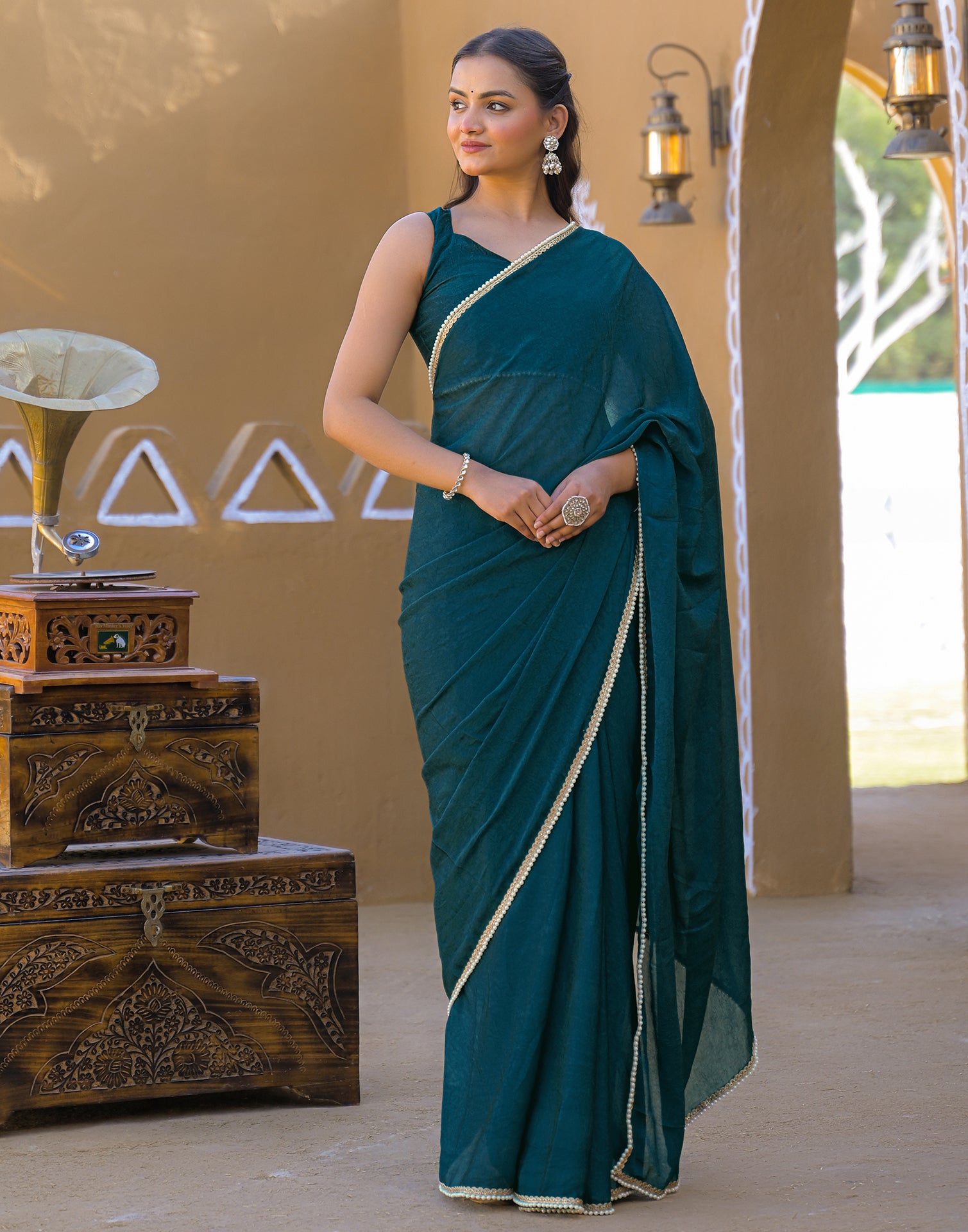 Teal Blue Crush Silk Pearl Lace Saree