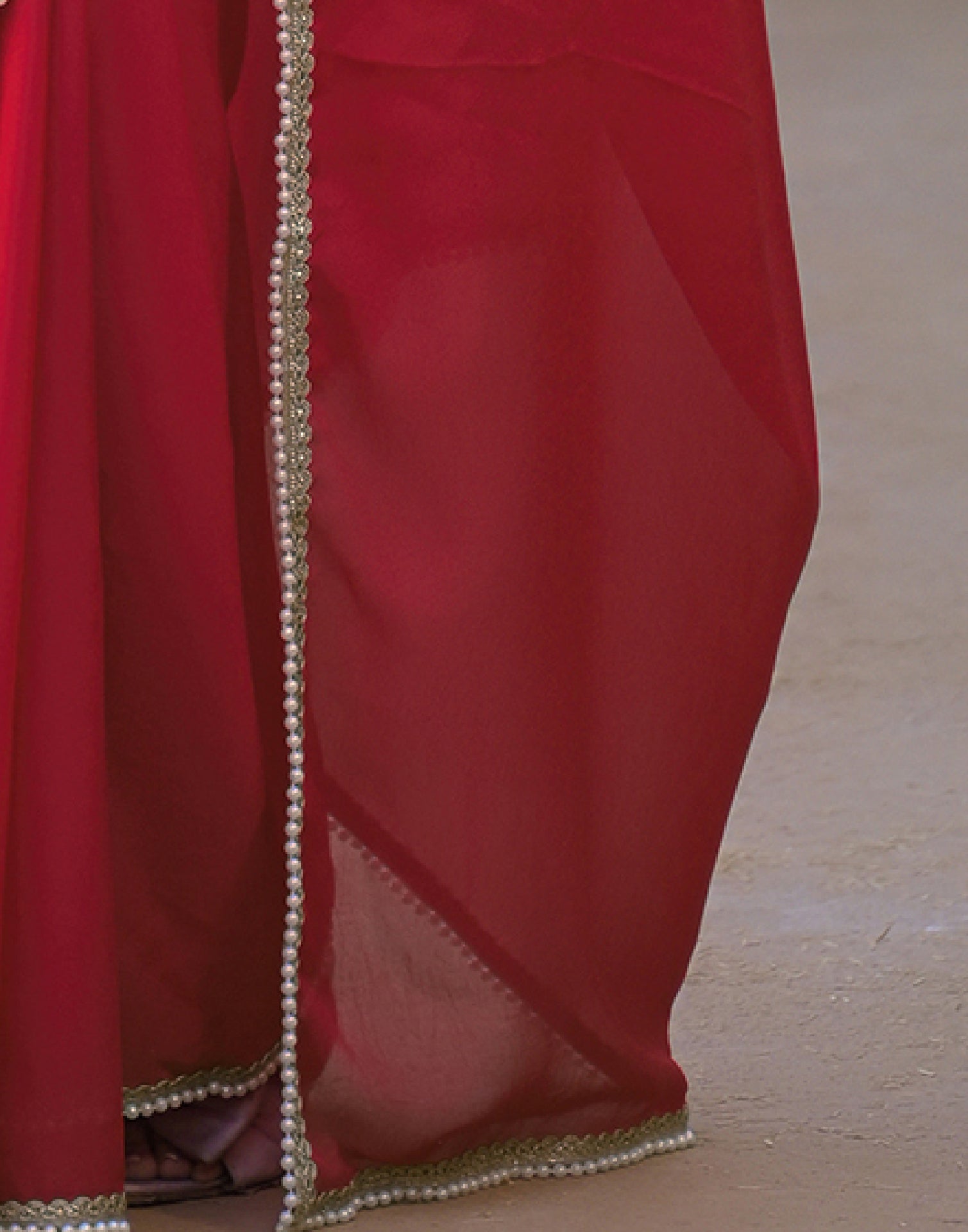 Red Crush Silk Pearl Lace Saree