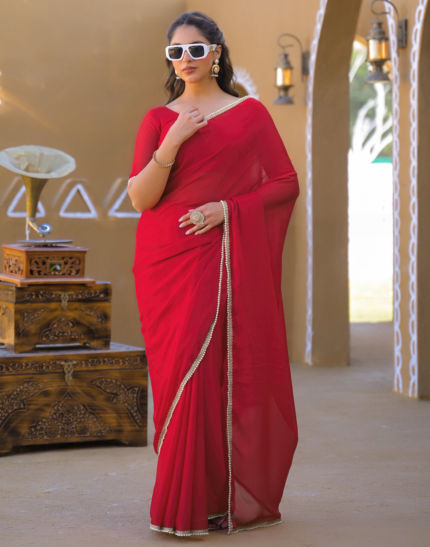 Red Crush Silk Pearl Lace Saree