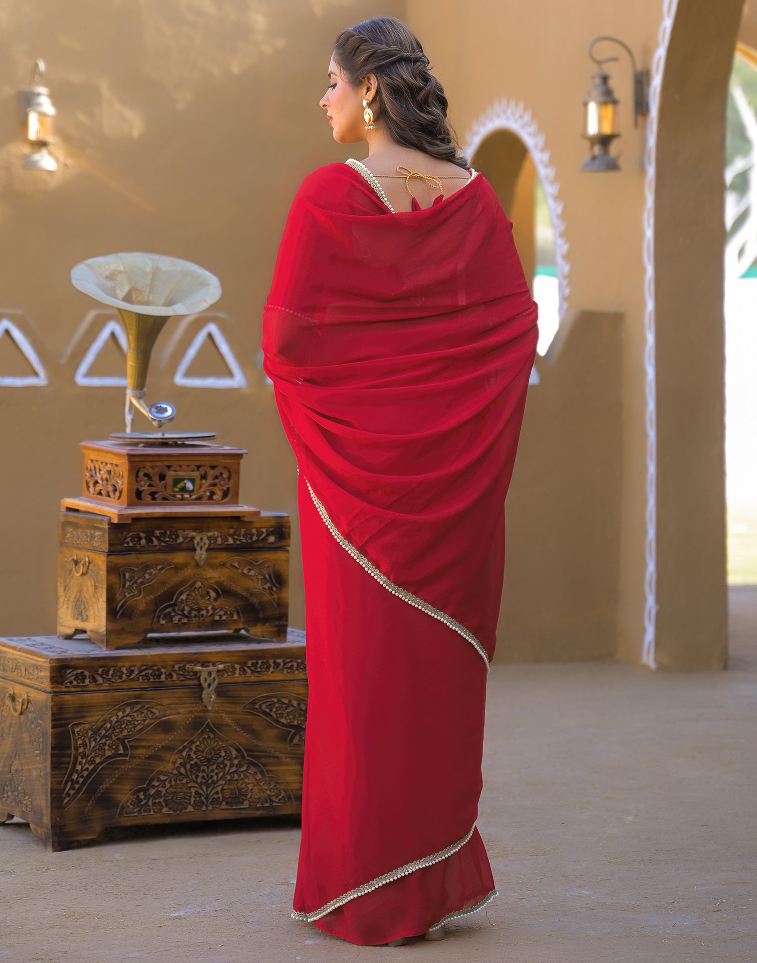 Red Crush Silk Pearl Lace Saree